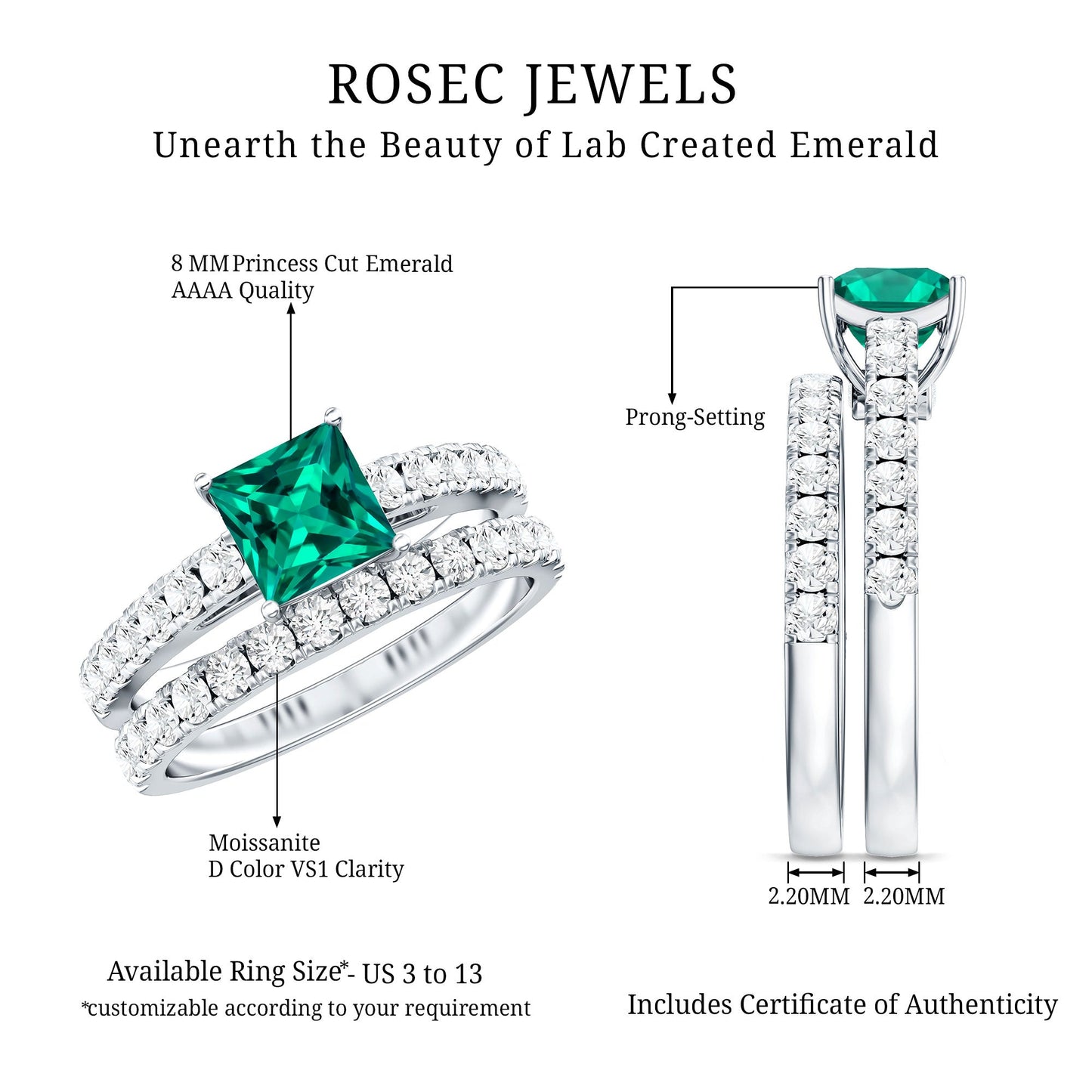 Lab Grown Emerald Princess Cut Engagement Ring with Wedding Band