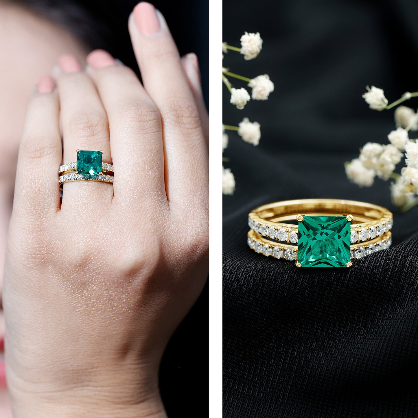 Lab Grown Emerald Princess Cut Engagement Ring with Wedding Band
