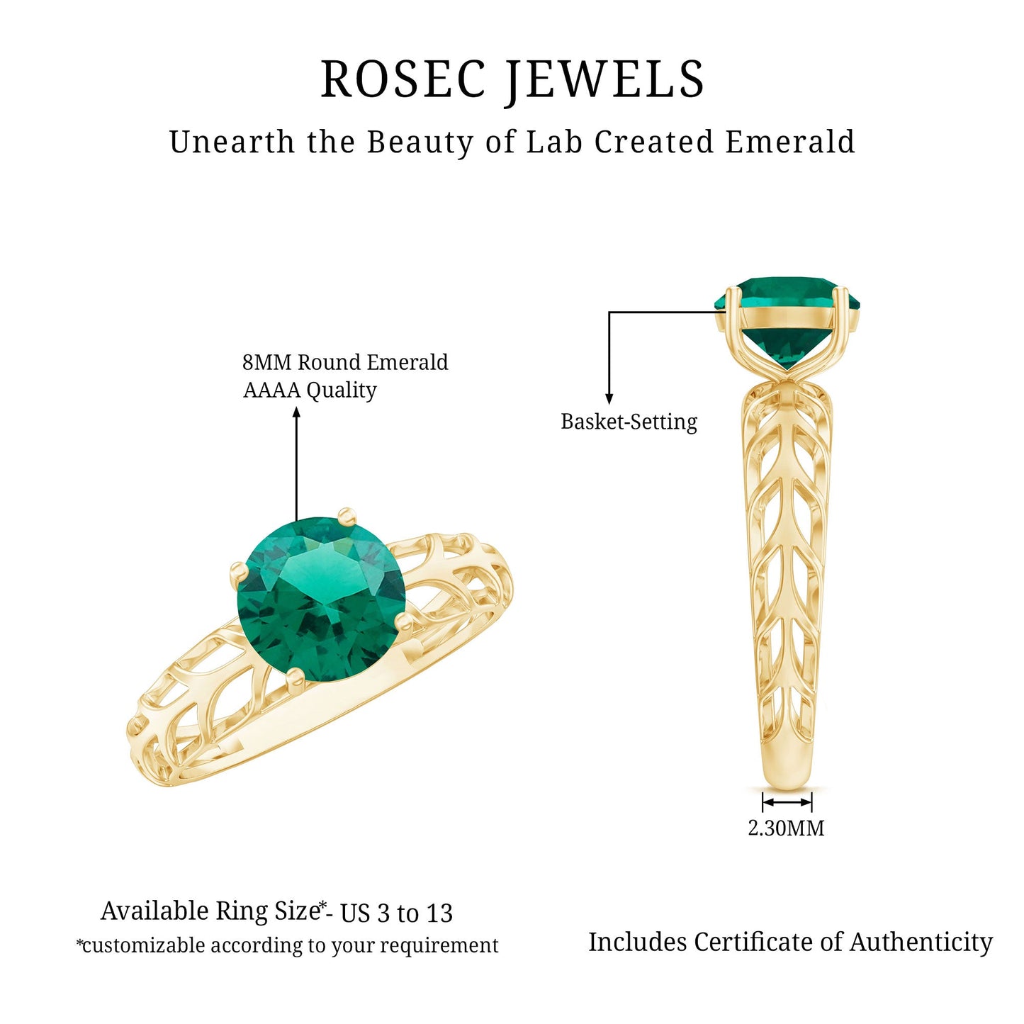 Certified Solitaire Lab Grown Emerald Engagement Ring with Filigree Details