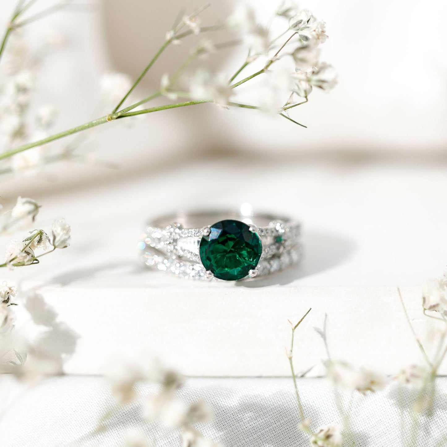 Designer Lab Grown Emerald Engagement Ring with Wedding Band