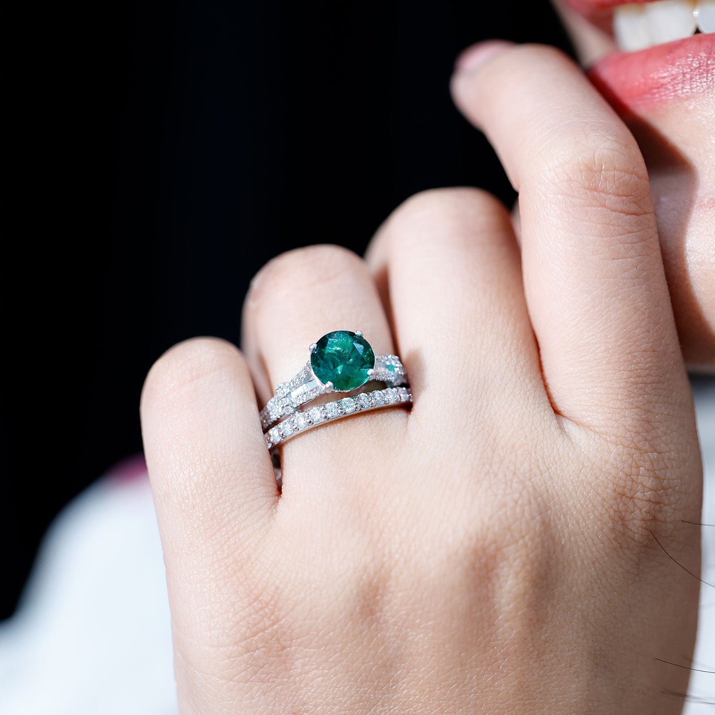 Designer Lab Grown Emerald Engagement Ring with Wedding Band