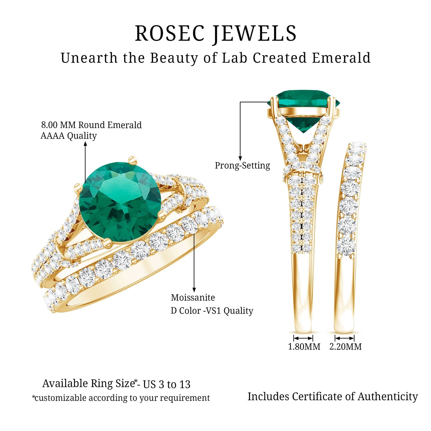 Designer Lab Grown Emerald Engagement Ring with Wedding Band