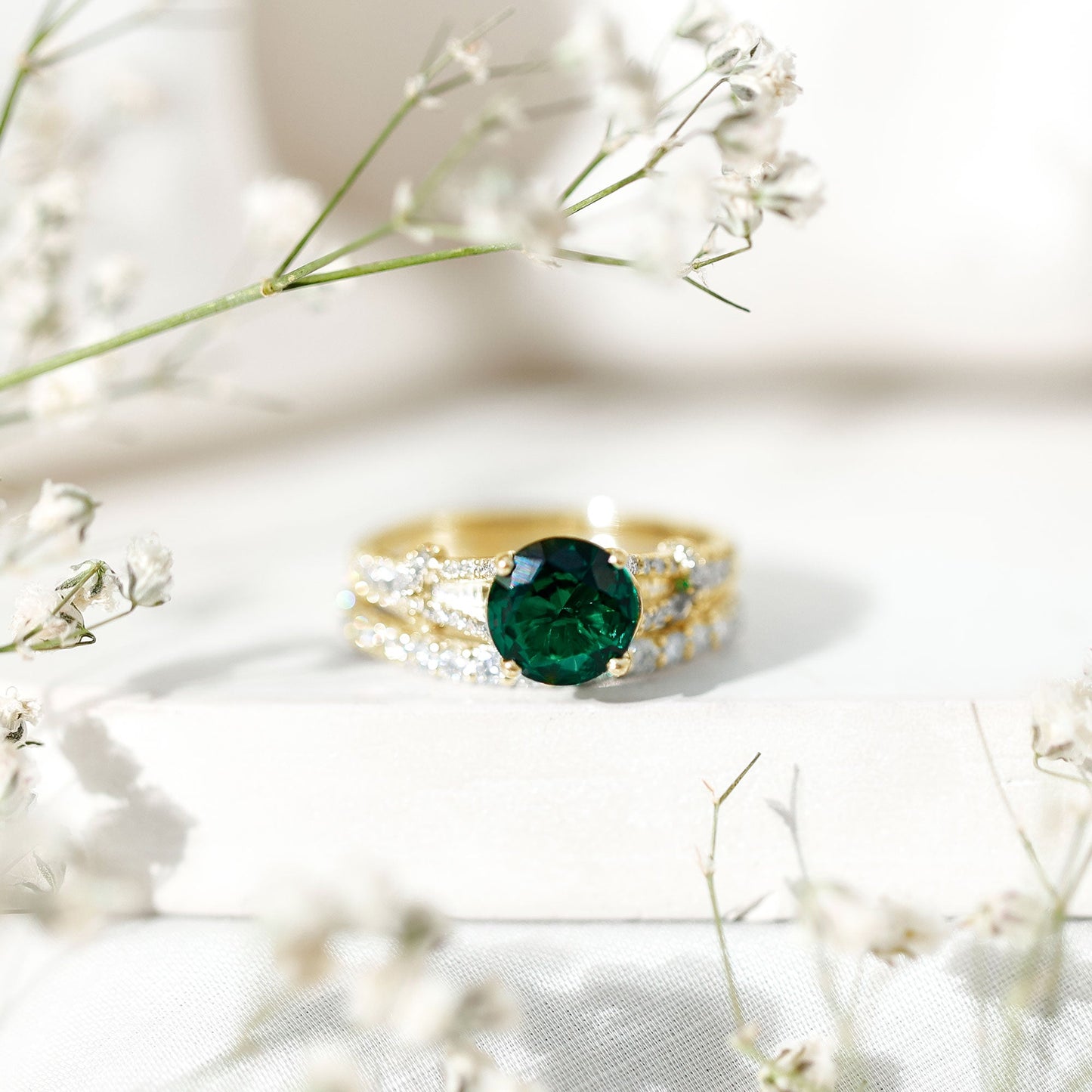 Designer Lab Grown Emerald Engagement Ring with Wedding Band