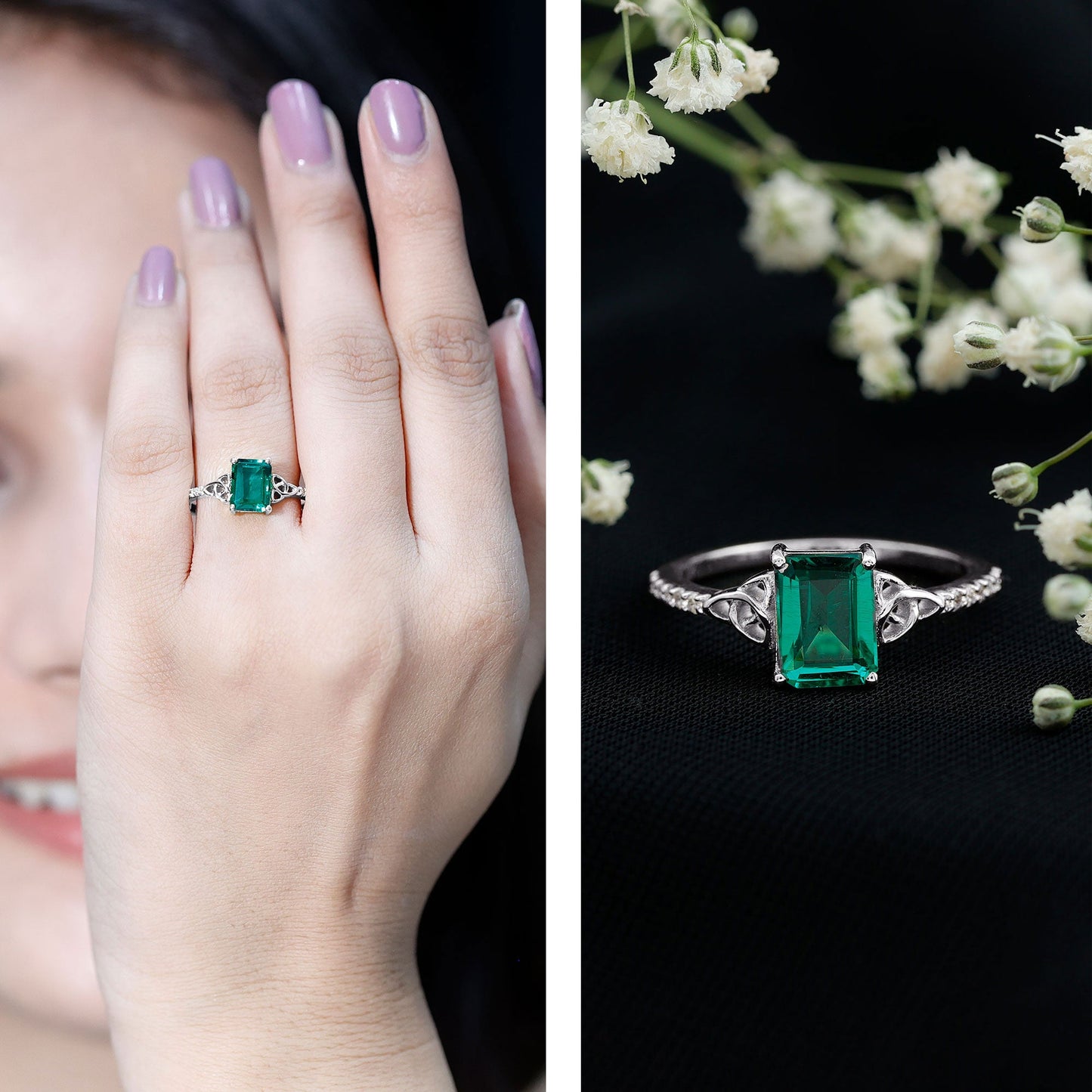 Solitaire Lab Created Emerald Celtic Engagement Ring with Diamond