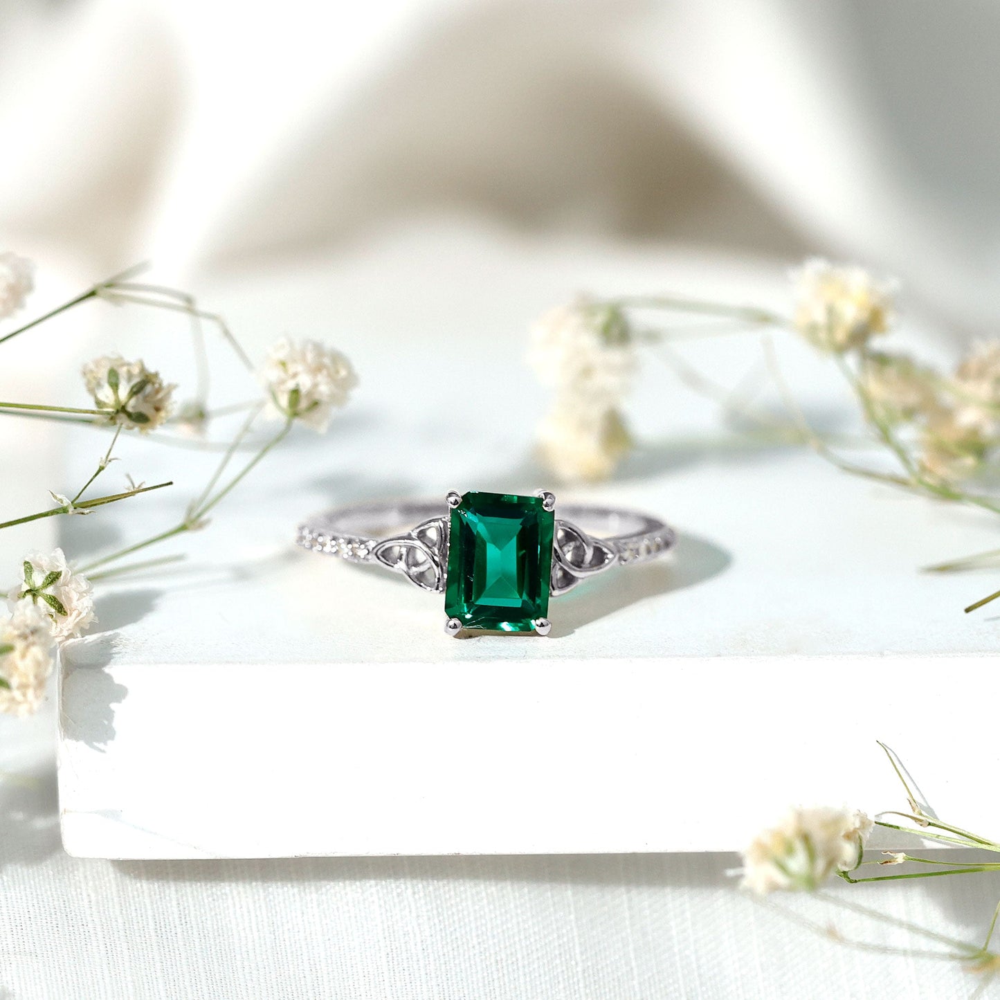 Solitaire Lab Created Emerald Celtic Engagement Ring with Diamond