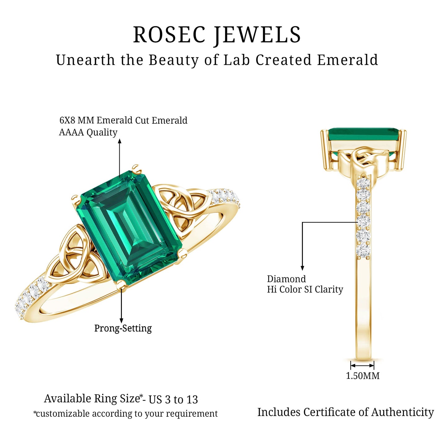 Solitaire Lab Created Emerald Celtic Engagement Ring with Diamond