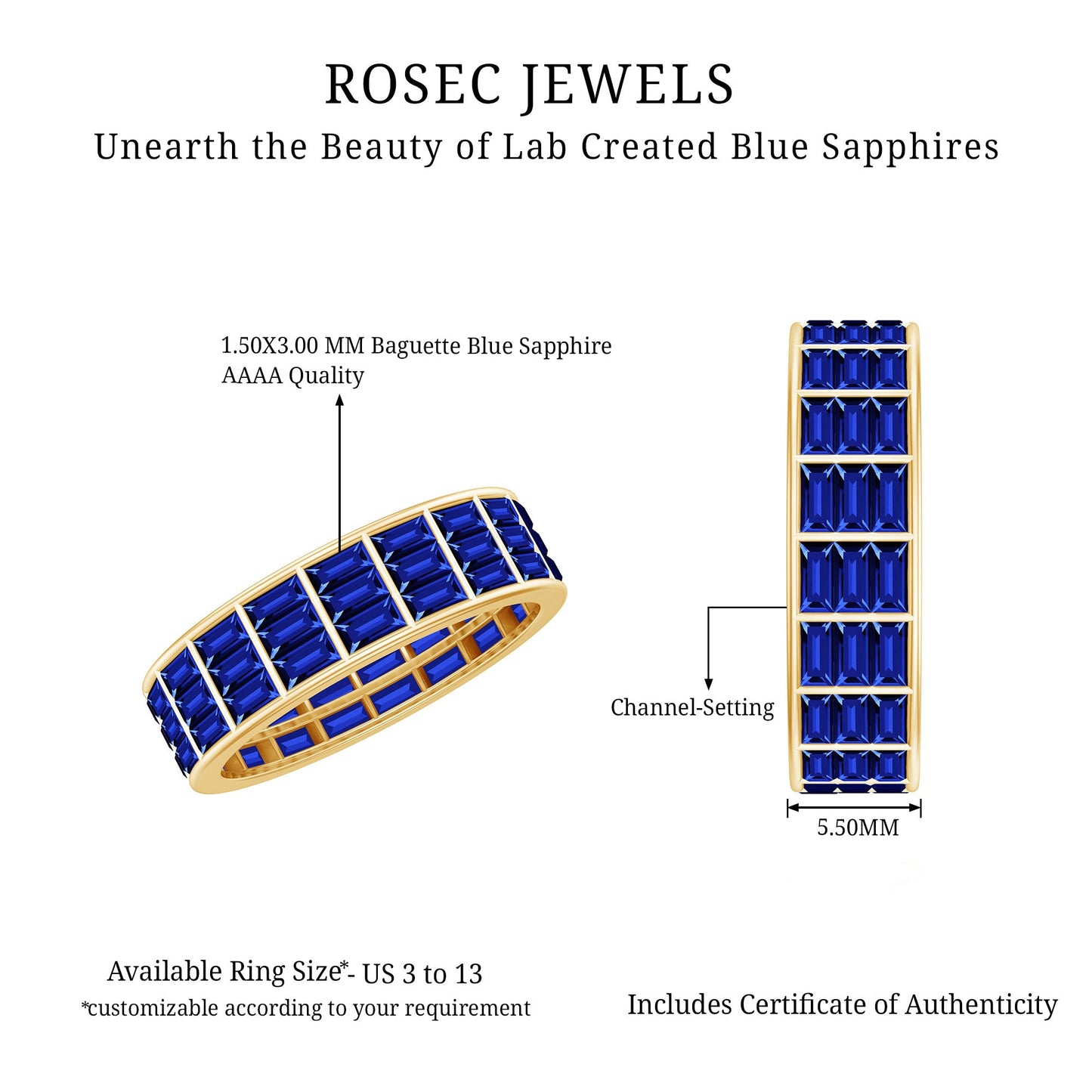 Channel Set Lab Grown Blue Sapphire Wide Eternity Band Ring