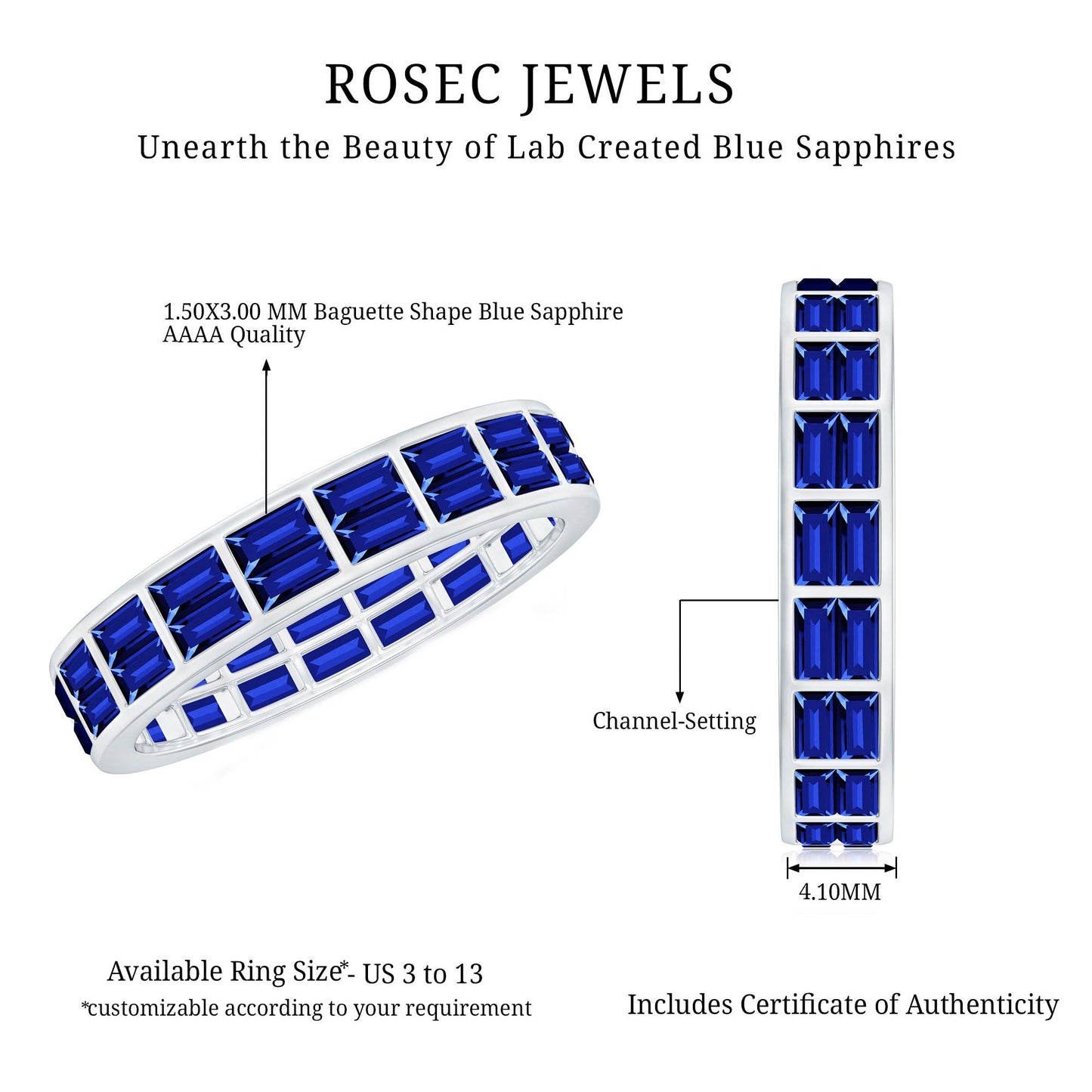 Certified Lab Grown Blue Sapphire Baguette Eternity Band in Channel Set