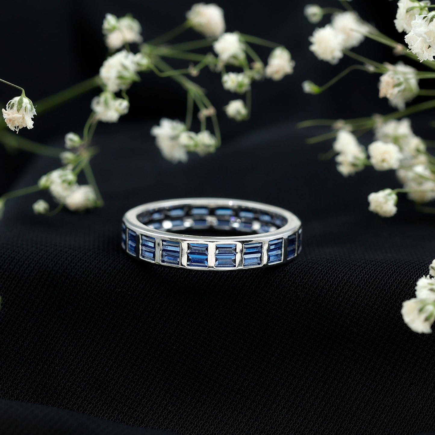 Certified Lab Grown Blue Sapphire Baguette Eternity Band in Channel Set