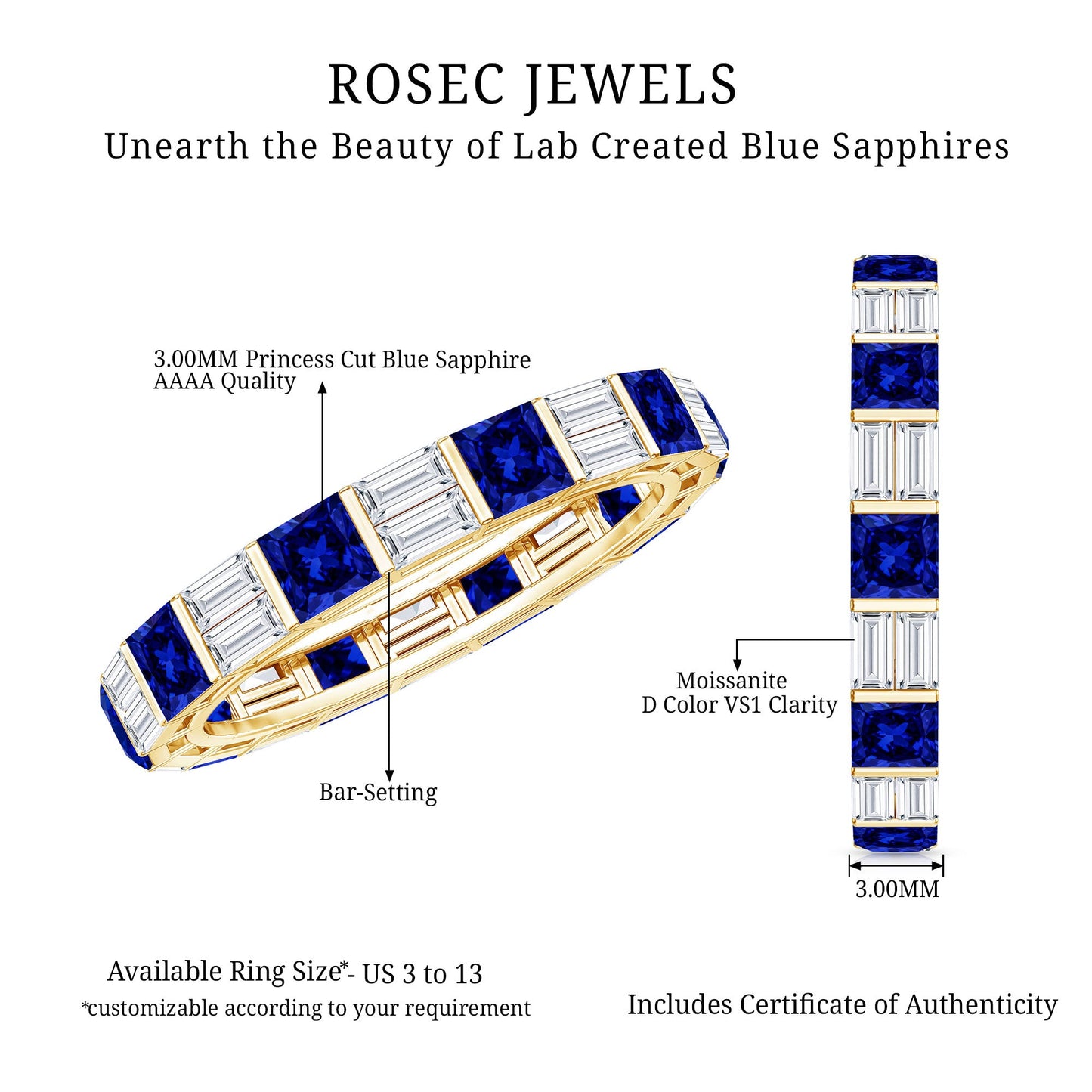 Certified Lab Grown Blue Sapphire Eternity Band Ring with Moissanite