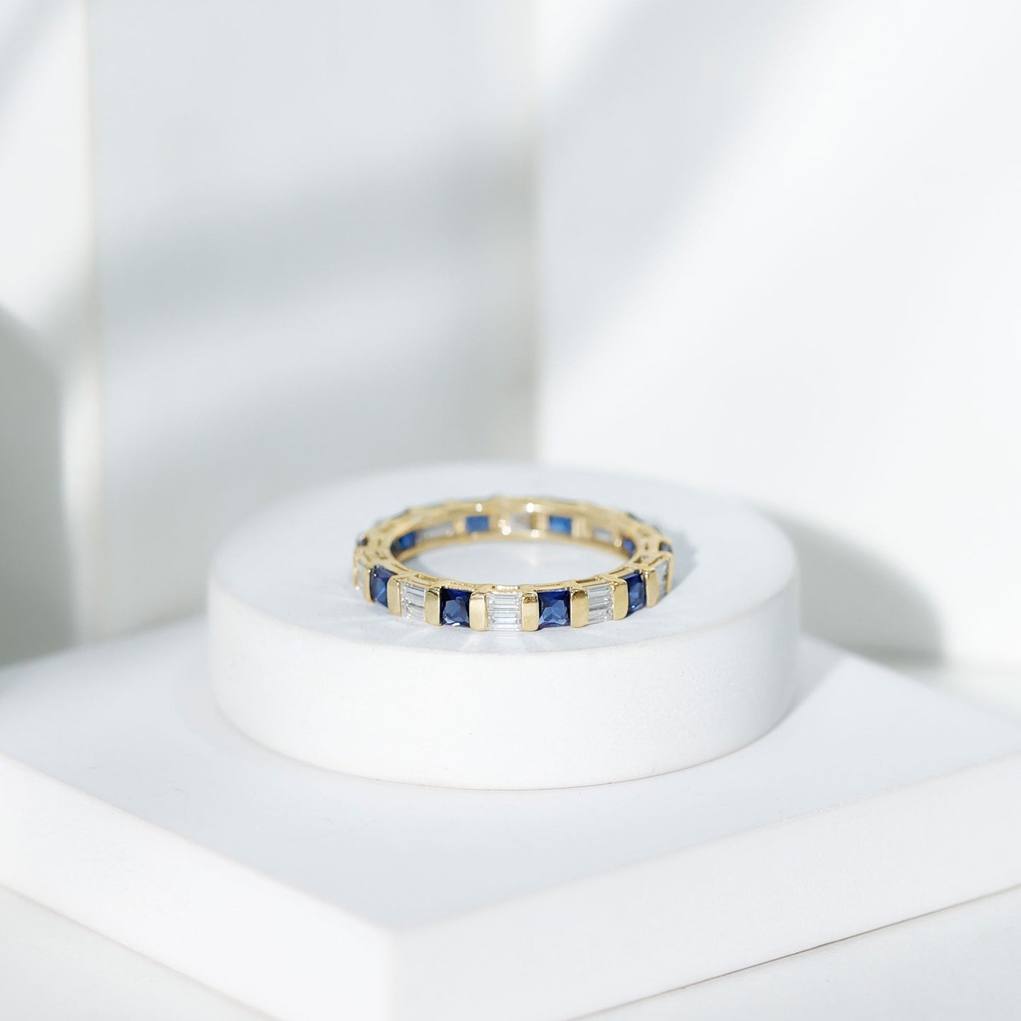 Certified Lab Grown Blue Sapphire Eternity Band Ring with Moissanite
