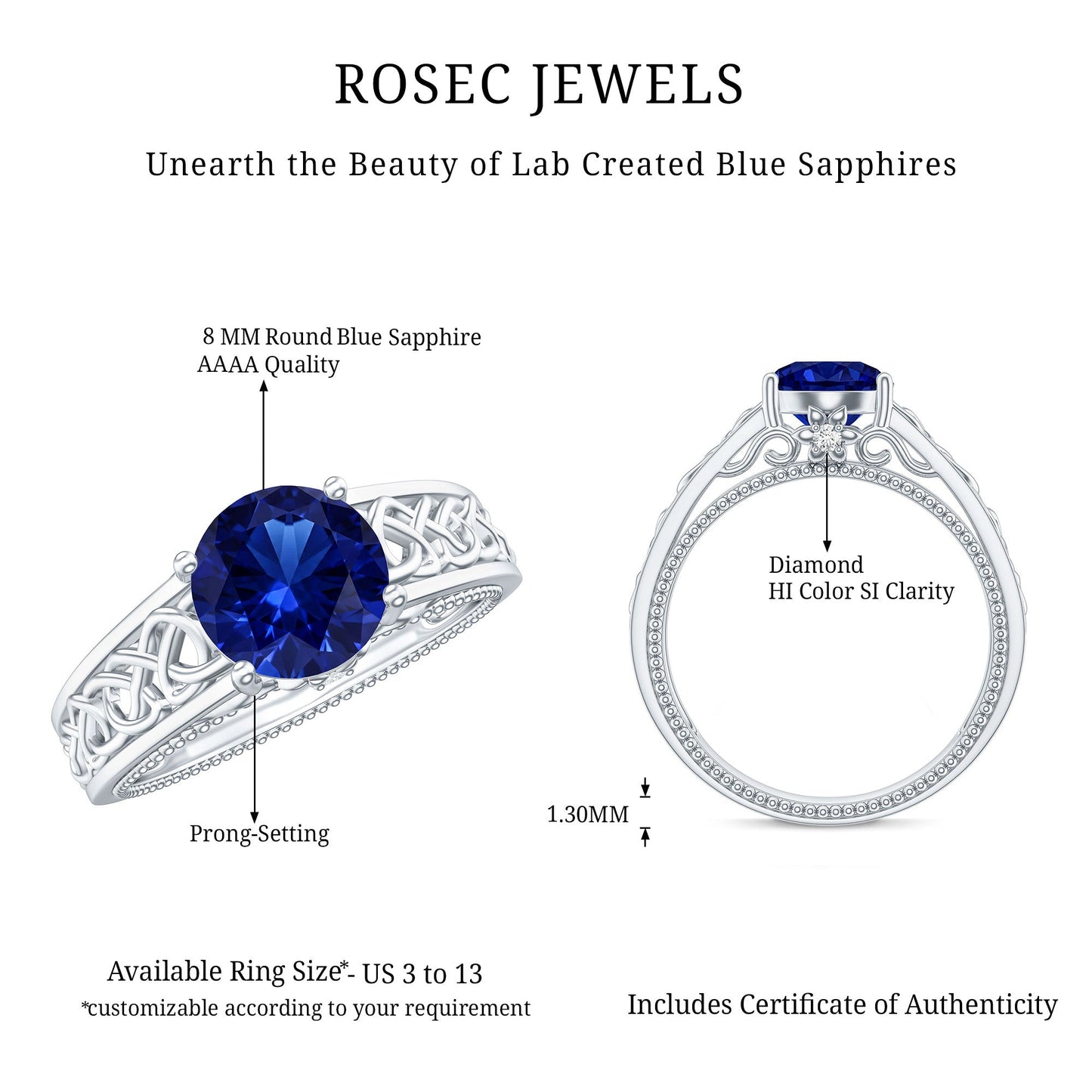 Certified 2.7 Carat Lab Grown Blue Sapphire Celtic Engagement Ring with Surprise Diamond