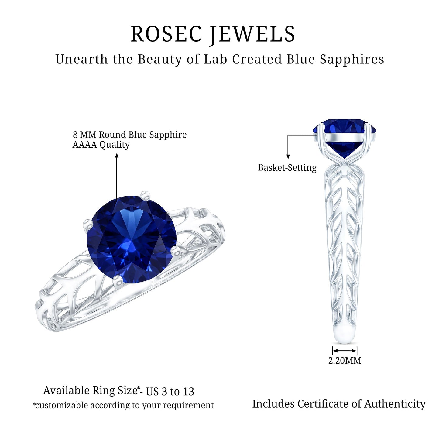 AAAA Quality Lab Created Blue Sapphire Solitaire Ring with Filigree Shank