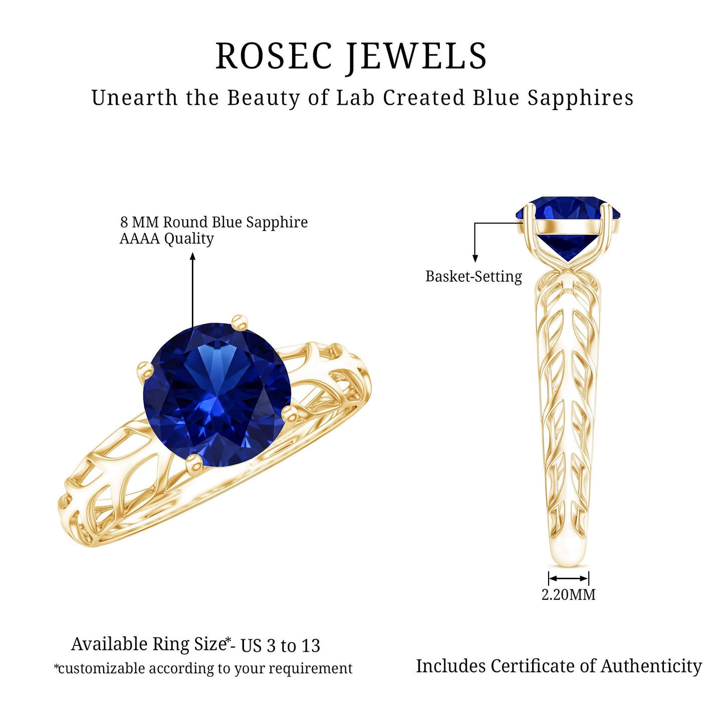 AAAA Quality Lab Created Blue Sapphire Solitaire Ring with Filigree Shank