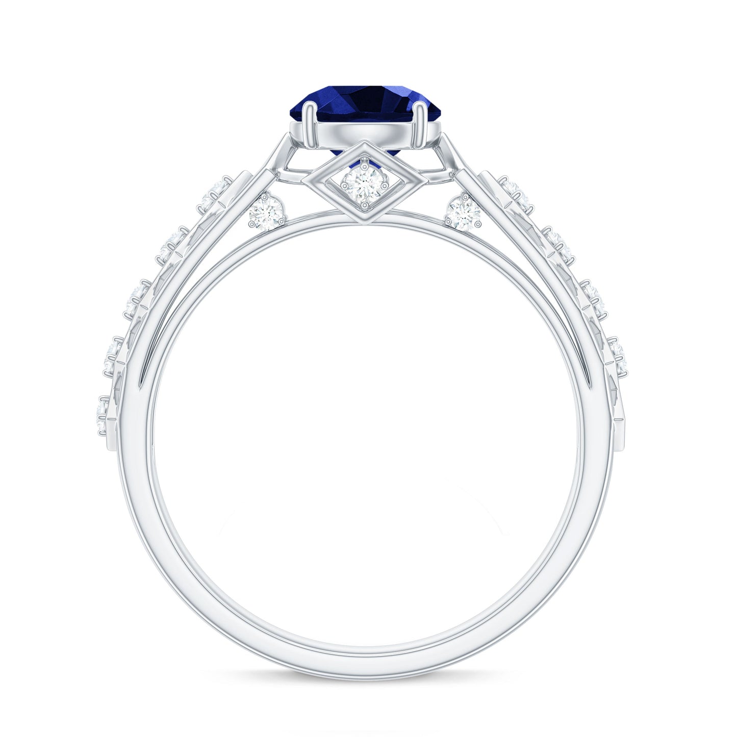 Round Lab Grown Blue Sapphire Solitaire Ring with Diamond