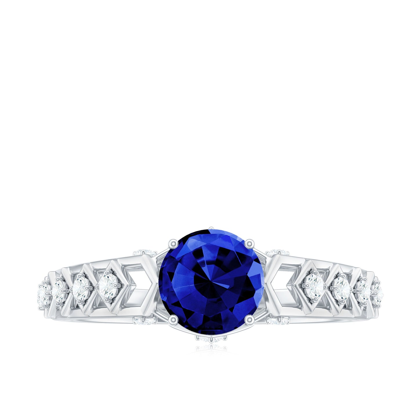 Round Lab Grown Blue Sapphire Solitaire Ring with Diamond