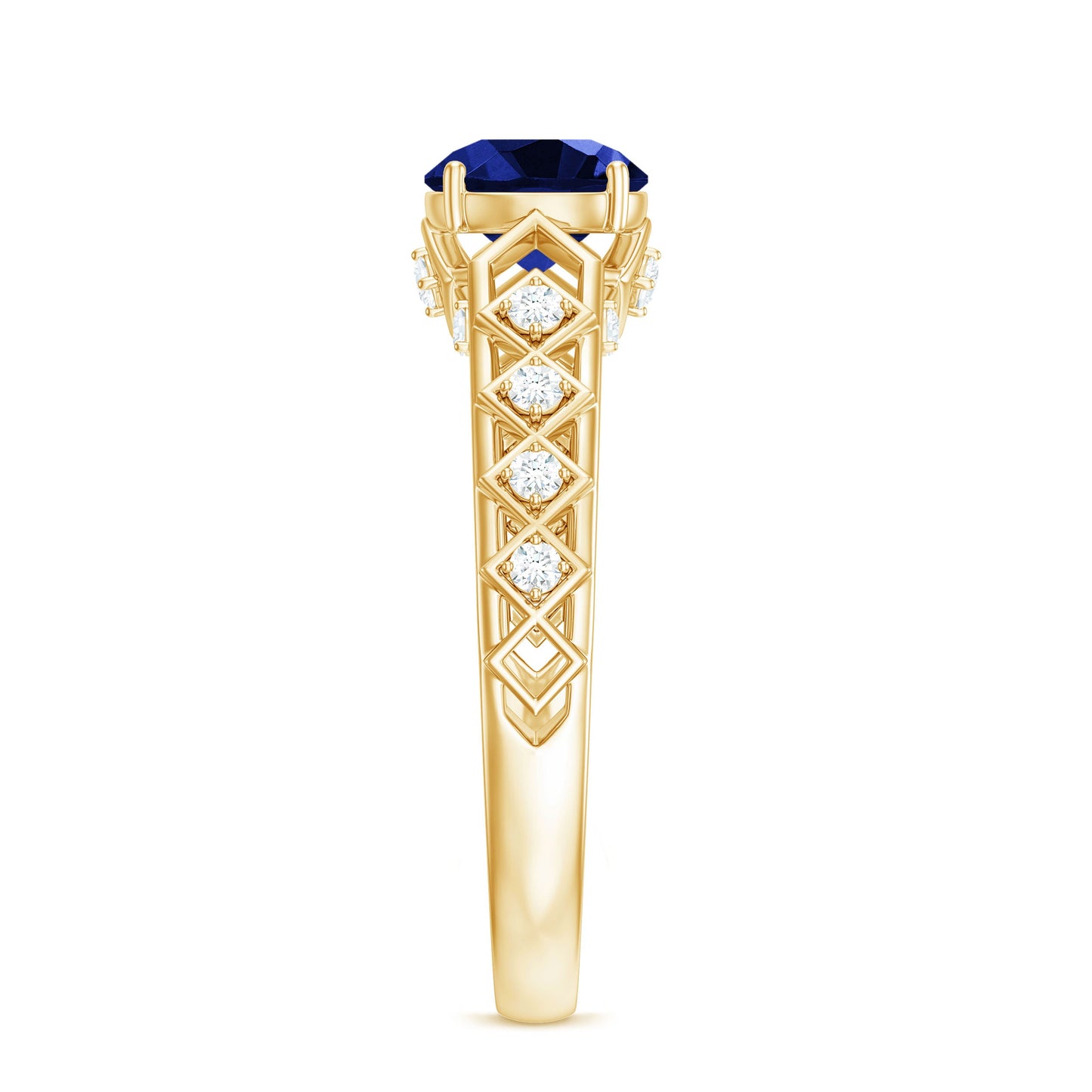 Round Lab Grown Blue Sapphire Solitaire Ring with Diamond