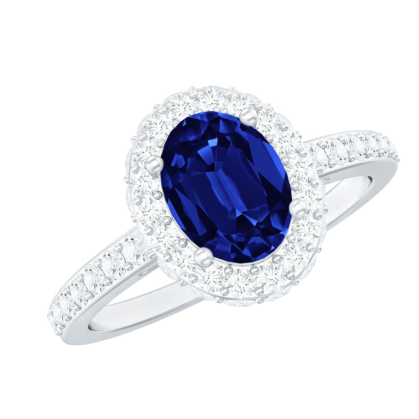 Certified 1.5 Carat Lab Grown Blue Sapphire Oval Engagement Ring with Diamond Halo