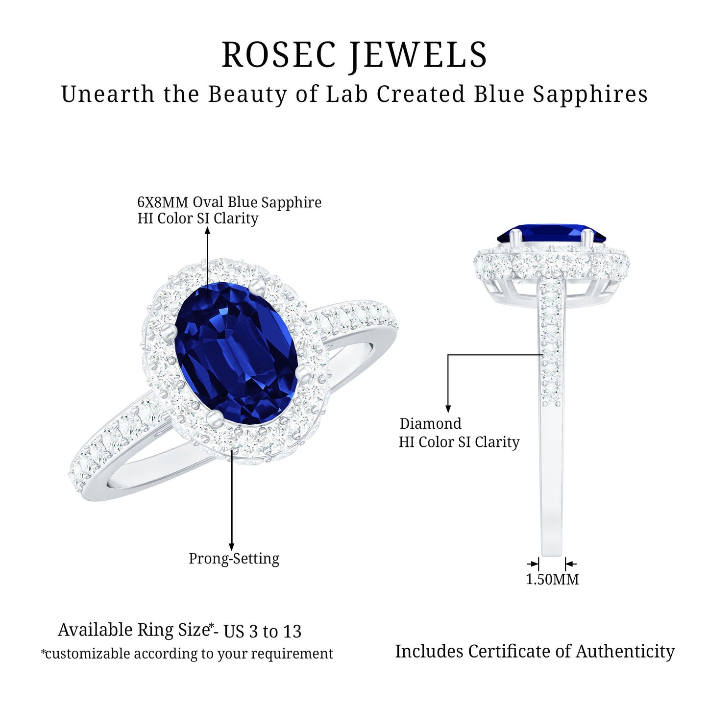 Certified 1.5 Carat Lab Grown Blue Sapphire Oval Engagement Ring with Diamond Halo