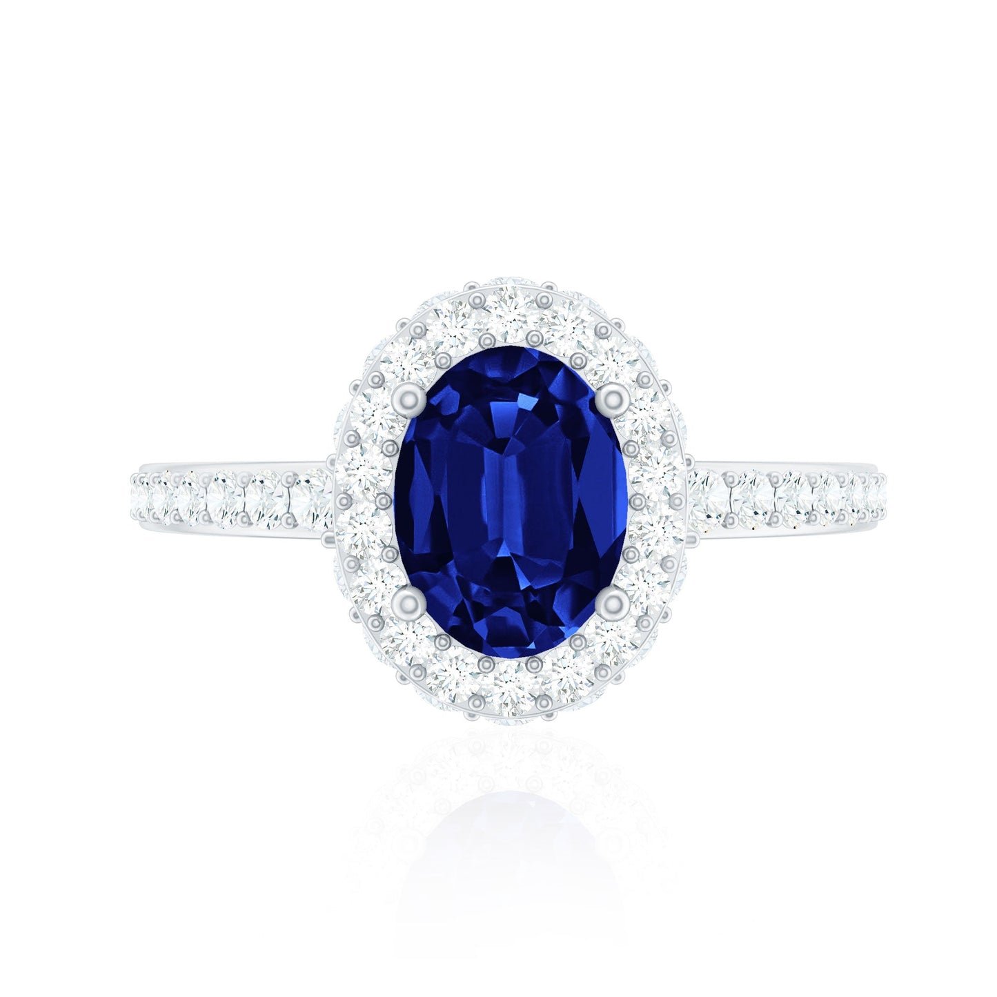 Certified 1.5 Carat Lab Grown Blue Sapphire Oval Engagement Ring with Diamond Halo
