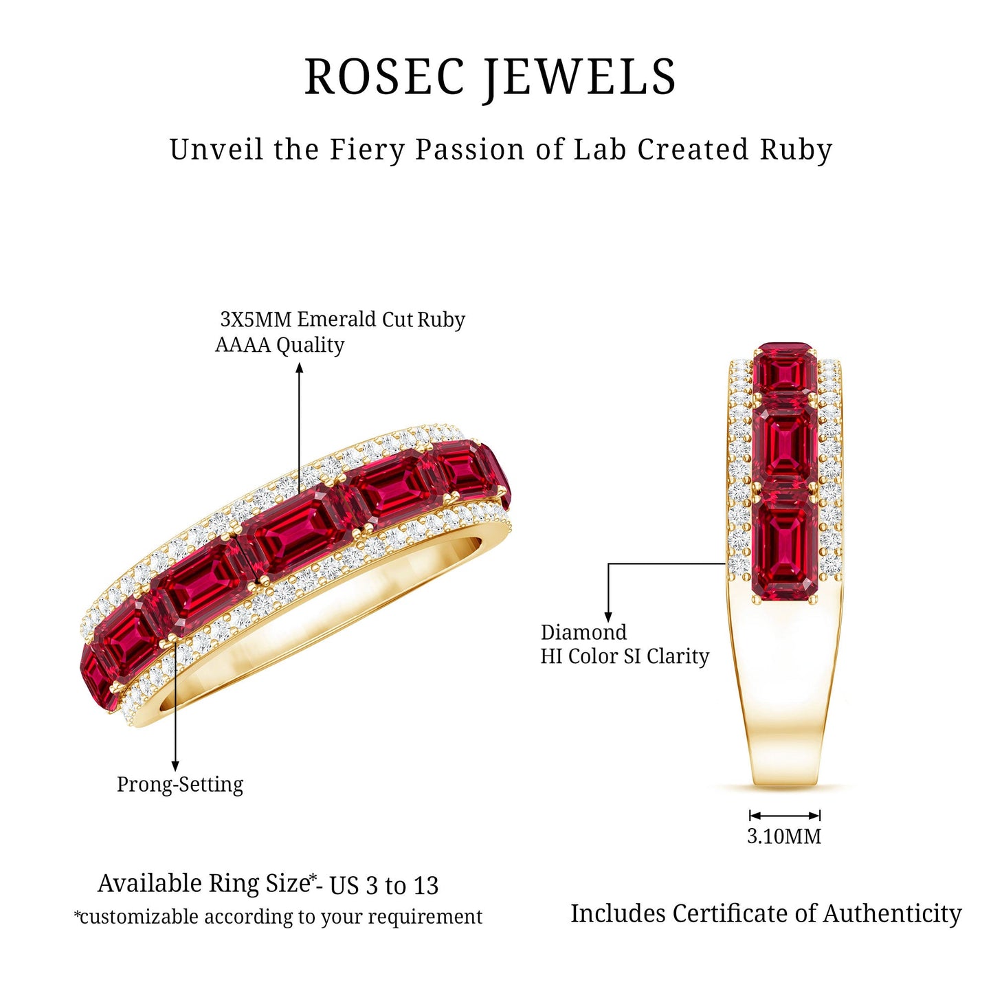 Emerald Cut Created Ruby and Diamond Half Eternity Band