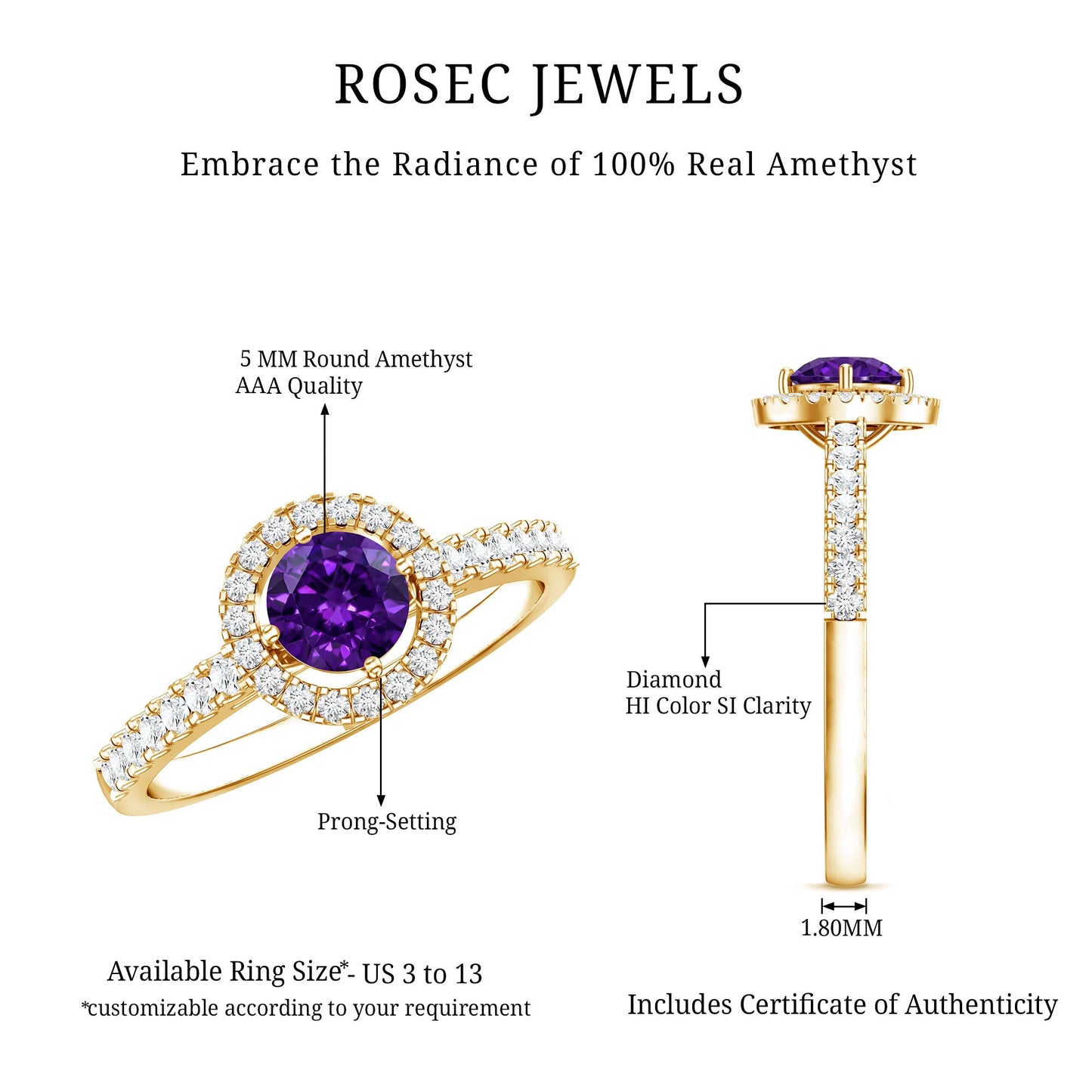 Real Amethyst Promise Ring with Diamond Halo