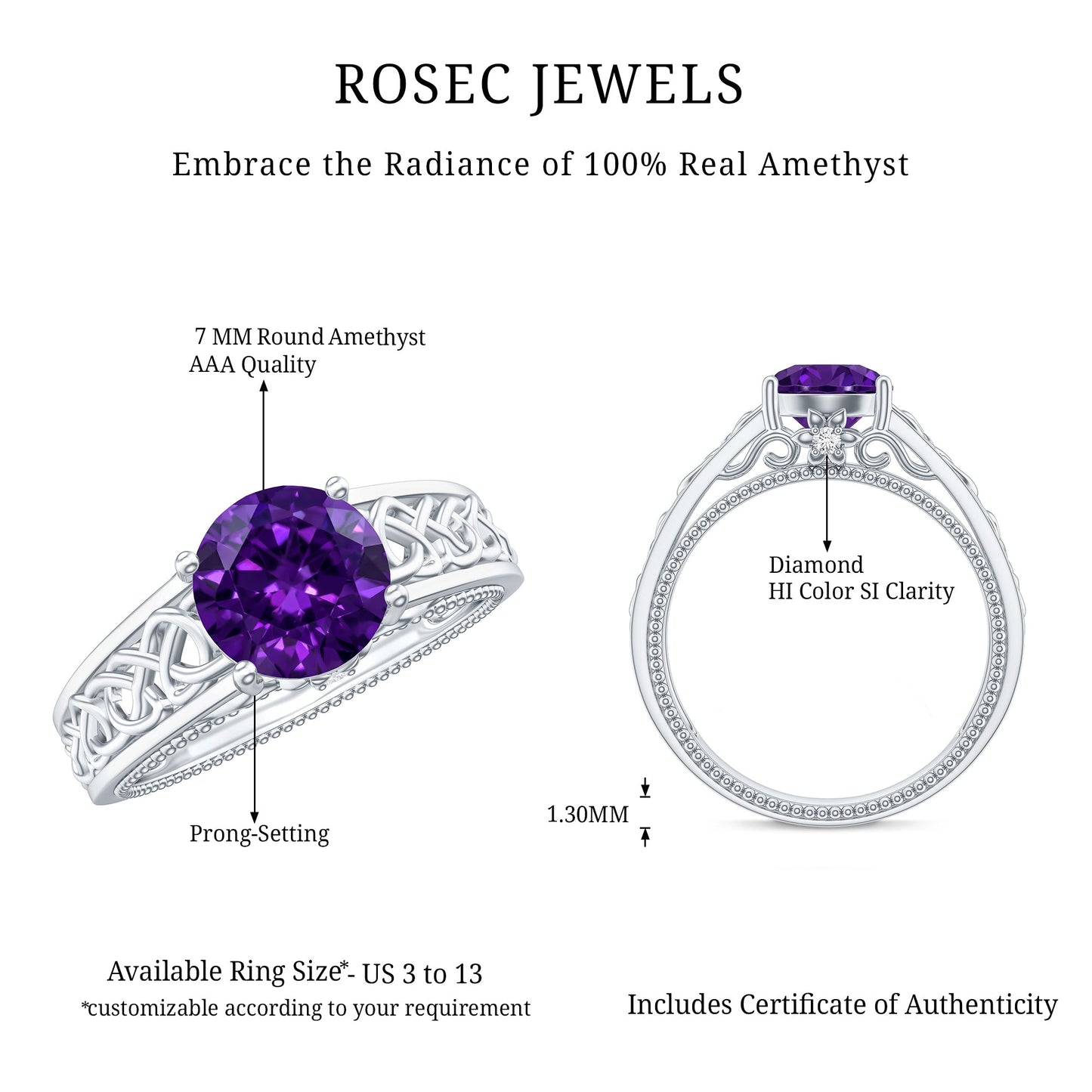 Vintage Looking 1.2 Carat Amethyst Celtic Engagement Ring with Surprise Diamond