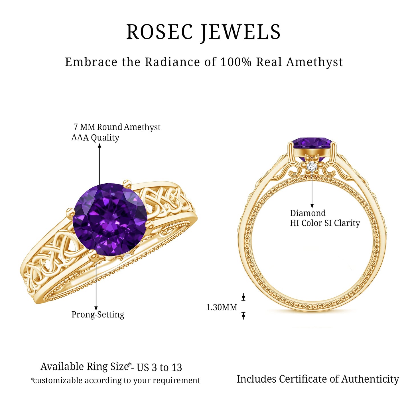 Vintage Looking 1.2 Carat Amethyst Celtic Engagement Ring with Surprise Diamond