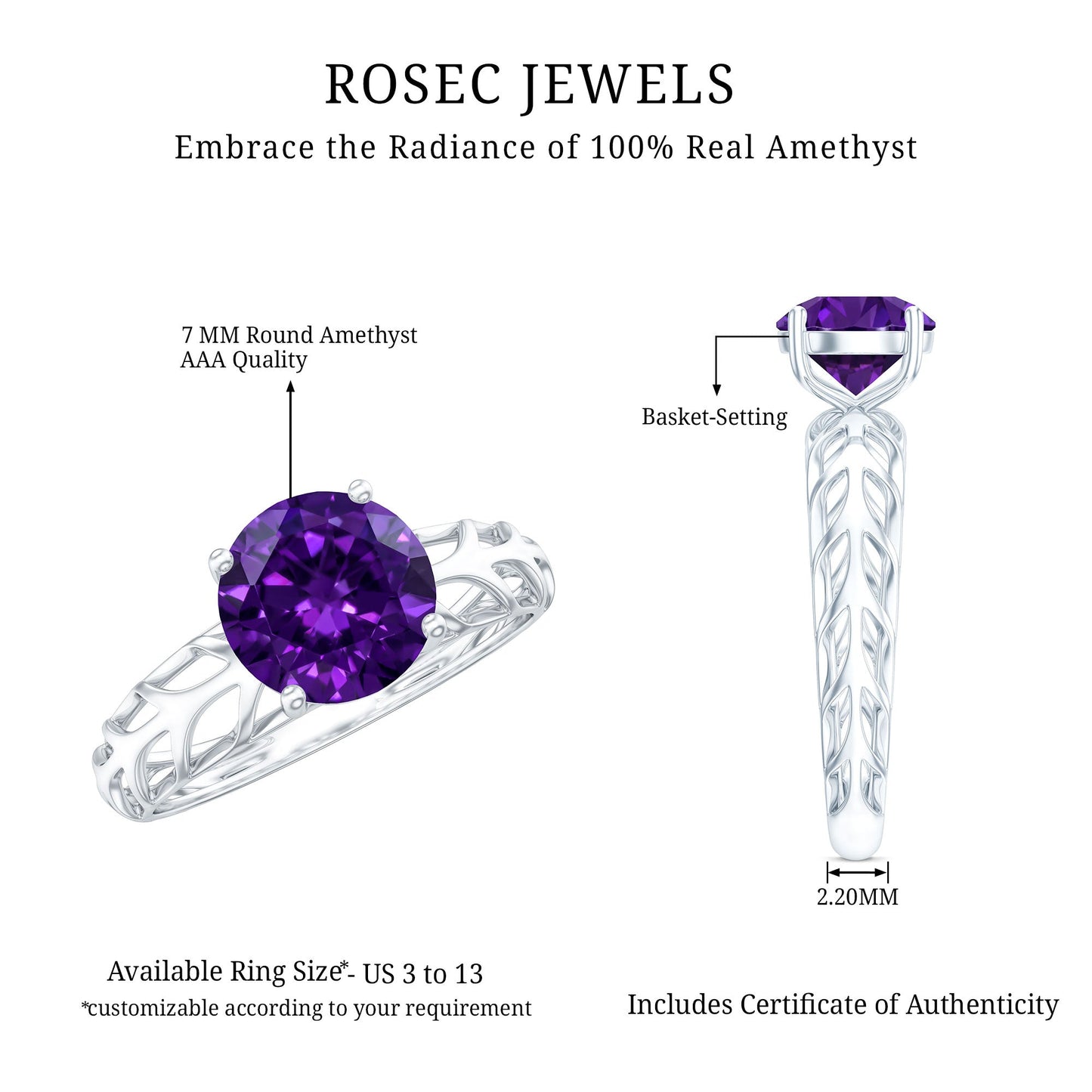 1.2 Carat Round Amethyst Solitaire Engagement Ring with Filigree Details