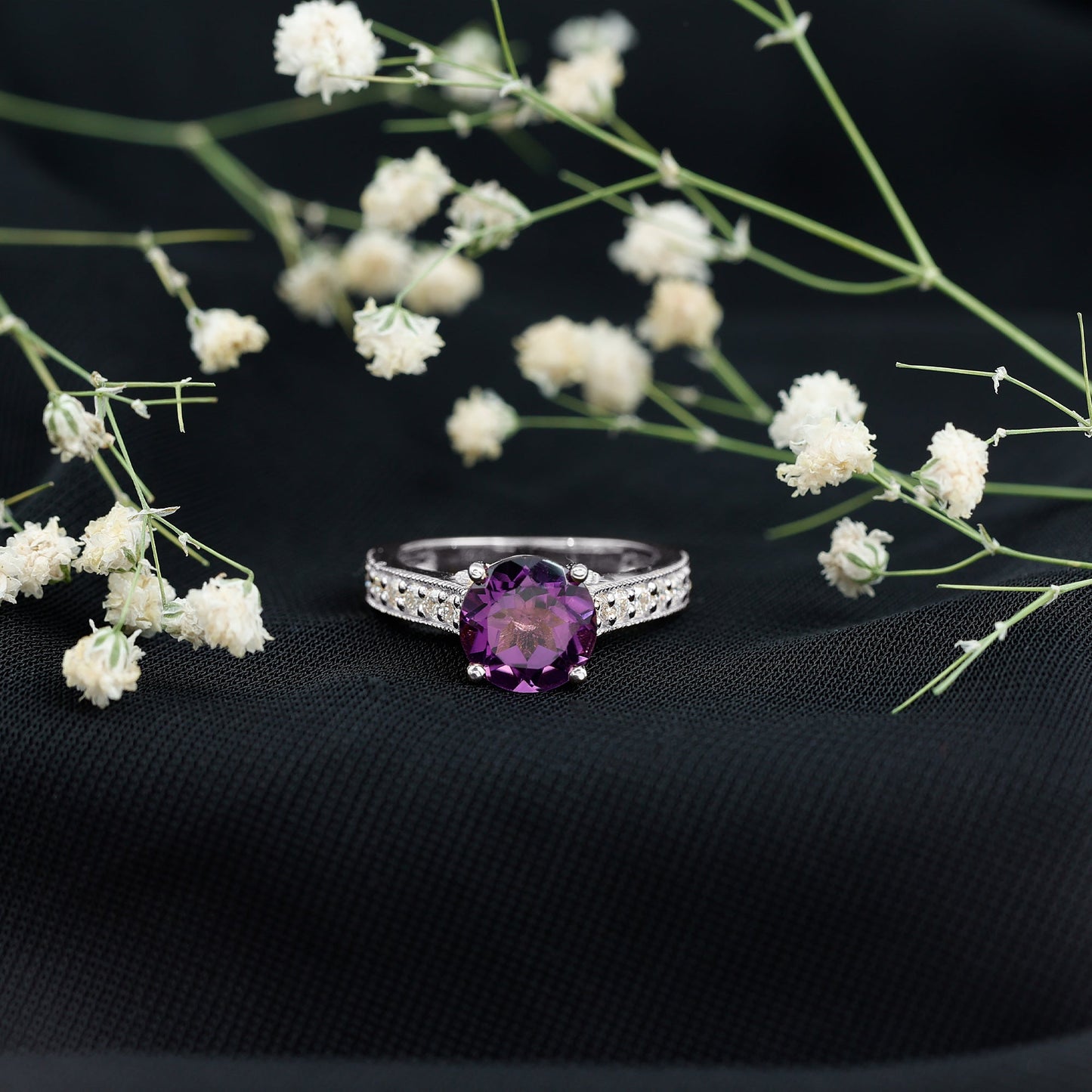 2 Carat Round Amethyst Solitaire Engagement Ring with Moissanite Side Stones