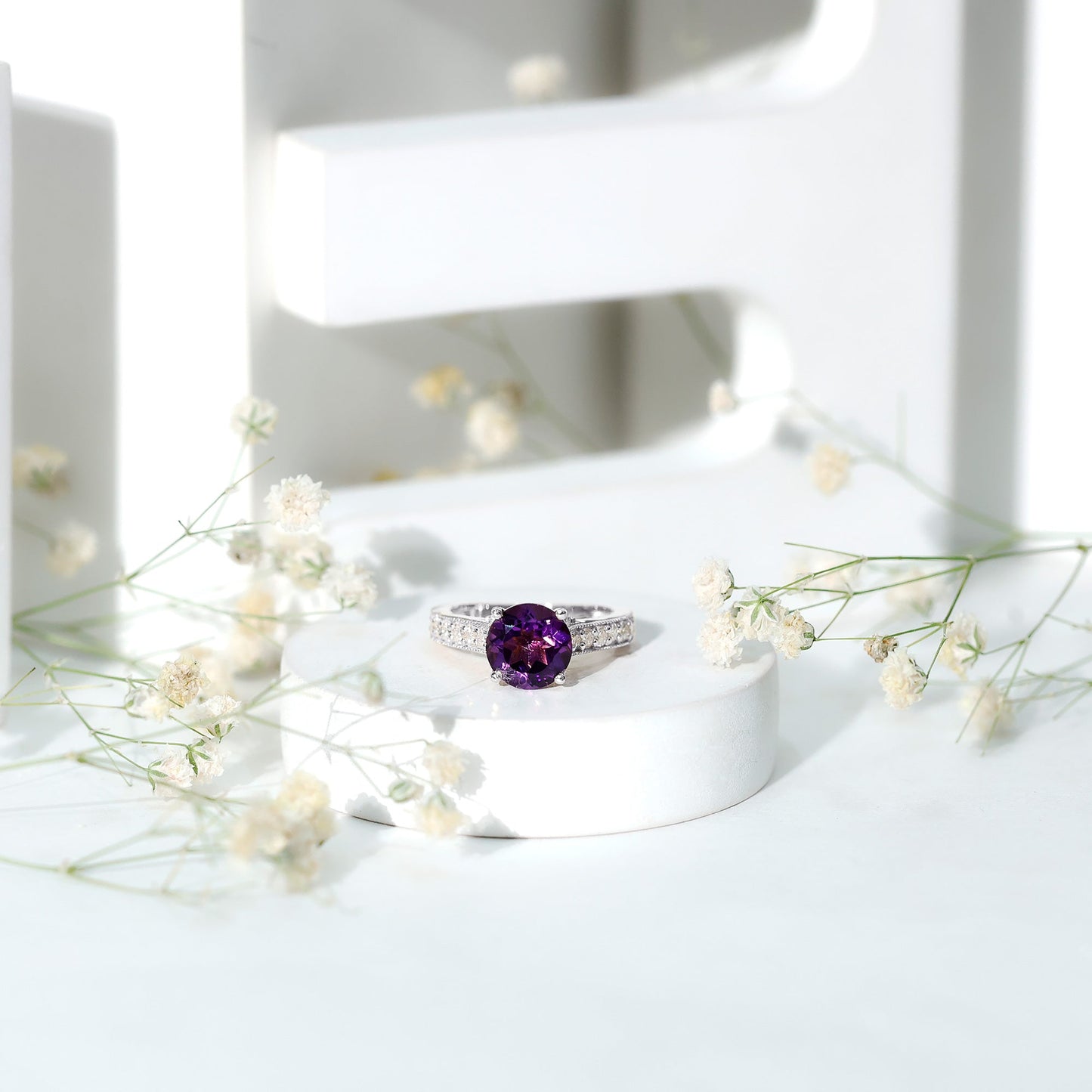 2 Carat Round Amethyst Solitaire Engagement Ring with Moissanite Side Stones