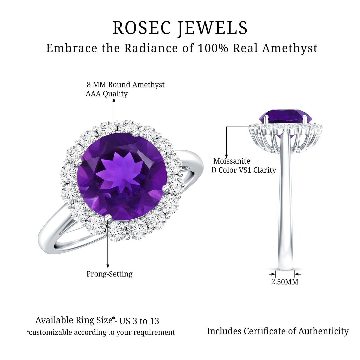Certified Natural 2 Carat Amethyst Engagement Ring with Moissanite Halo