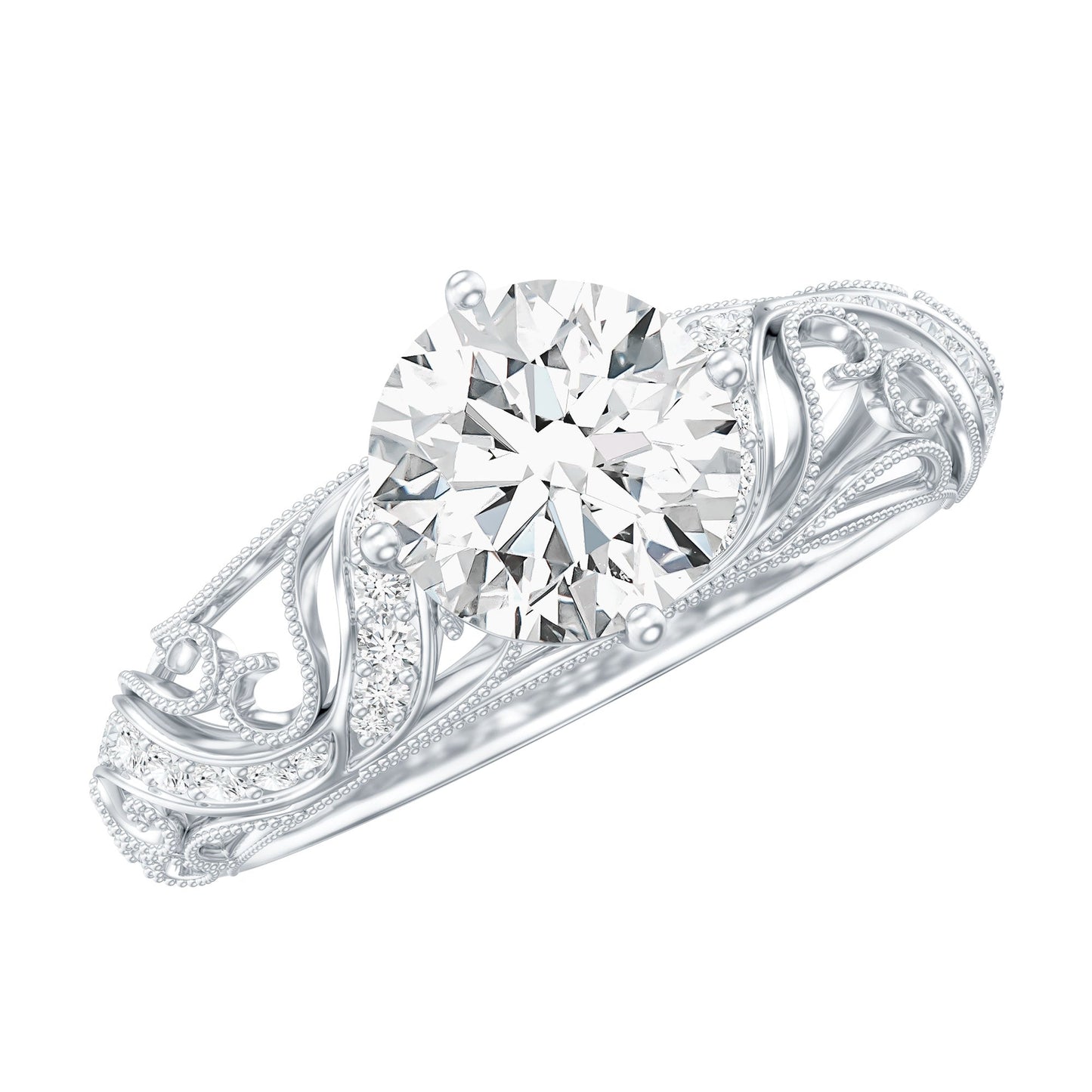 Round Cut Moissanite Vintage Engagement Ring With Diagonal Prongs