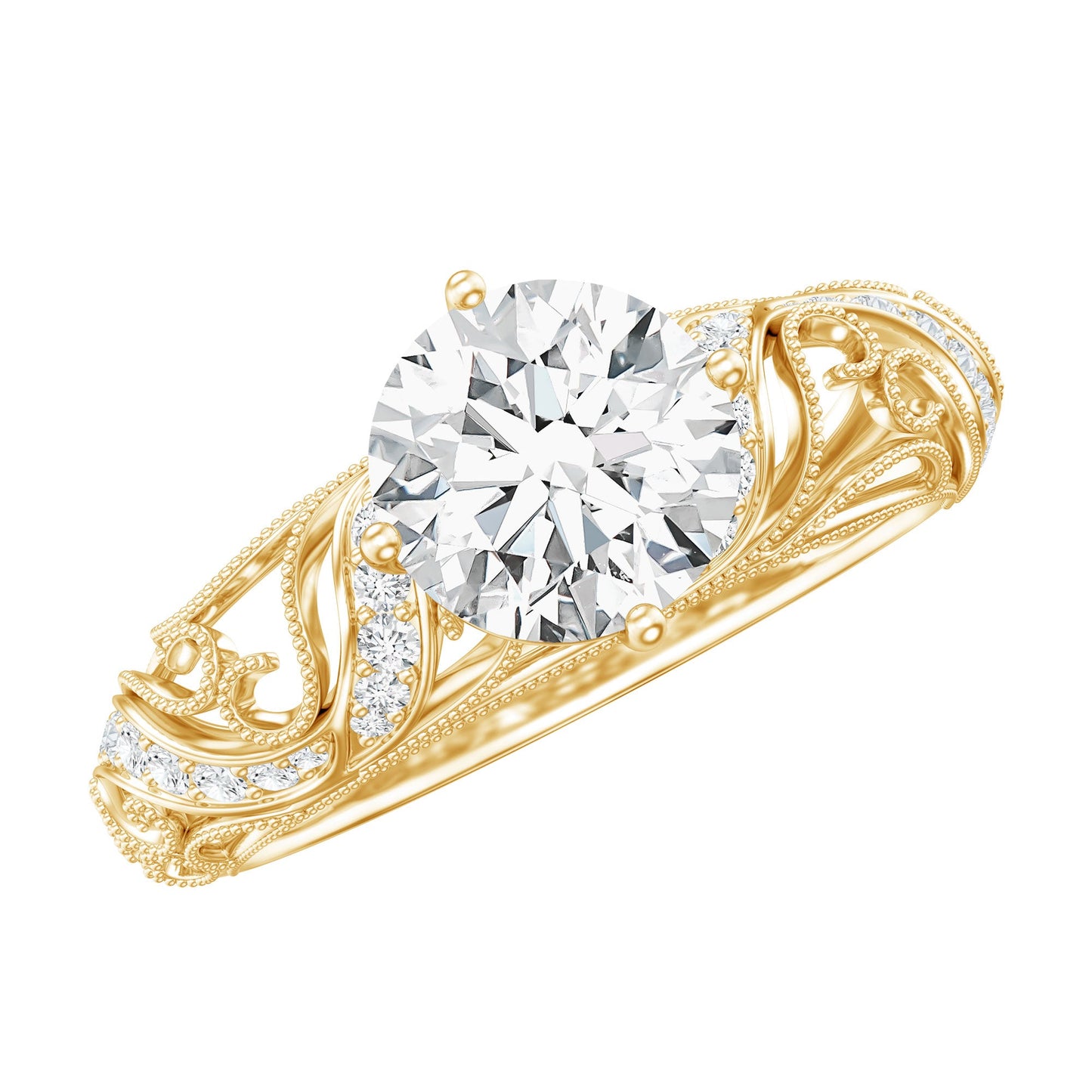 Round Cut Moissanite Vintage Engagement Ring With Diagonal Prongs