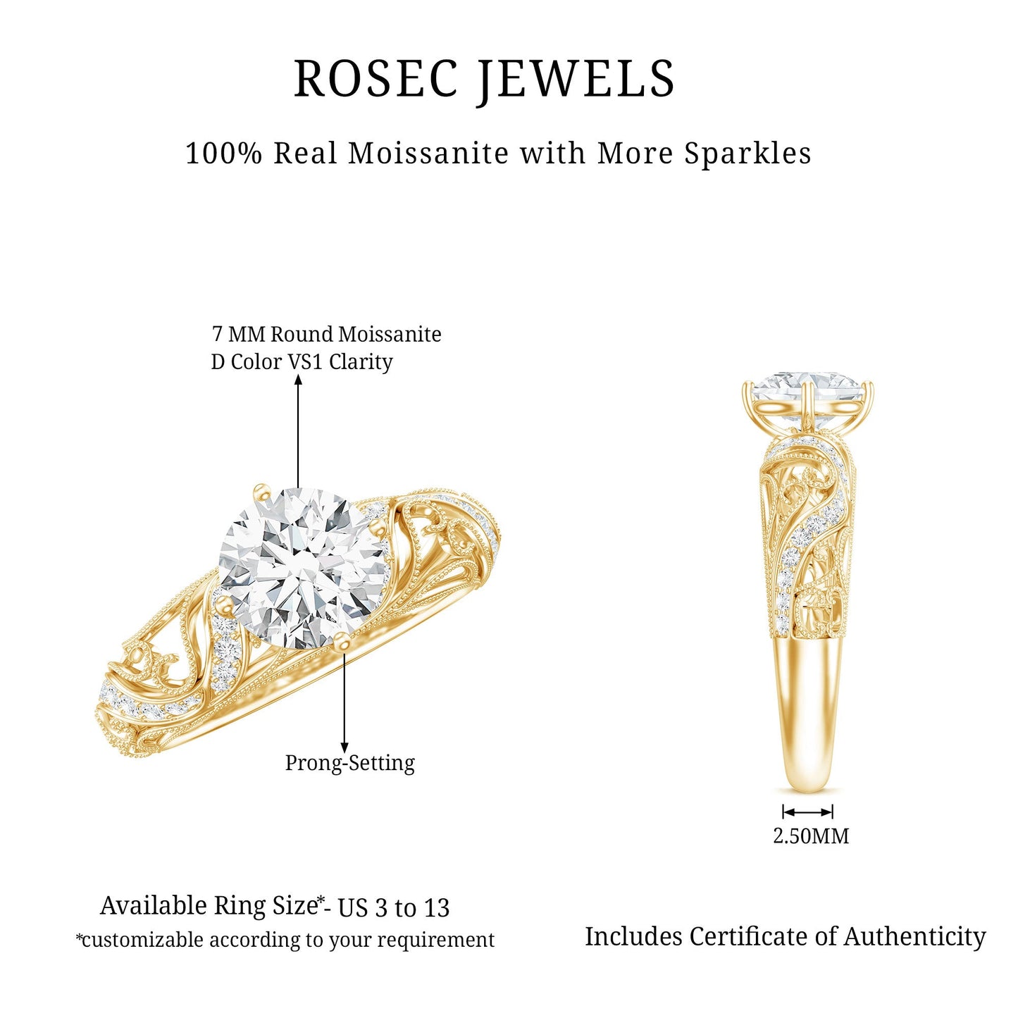Round Cut Moissanite Vintage Engagement Ring With Diagonal Prongs