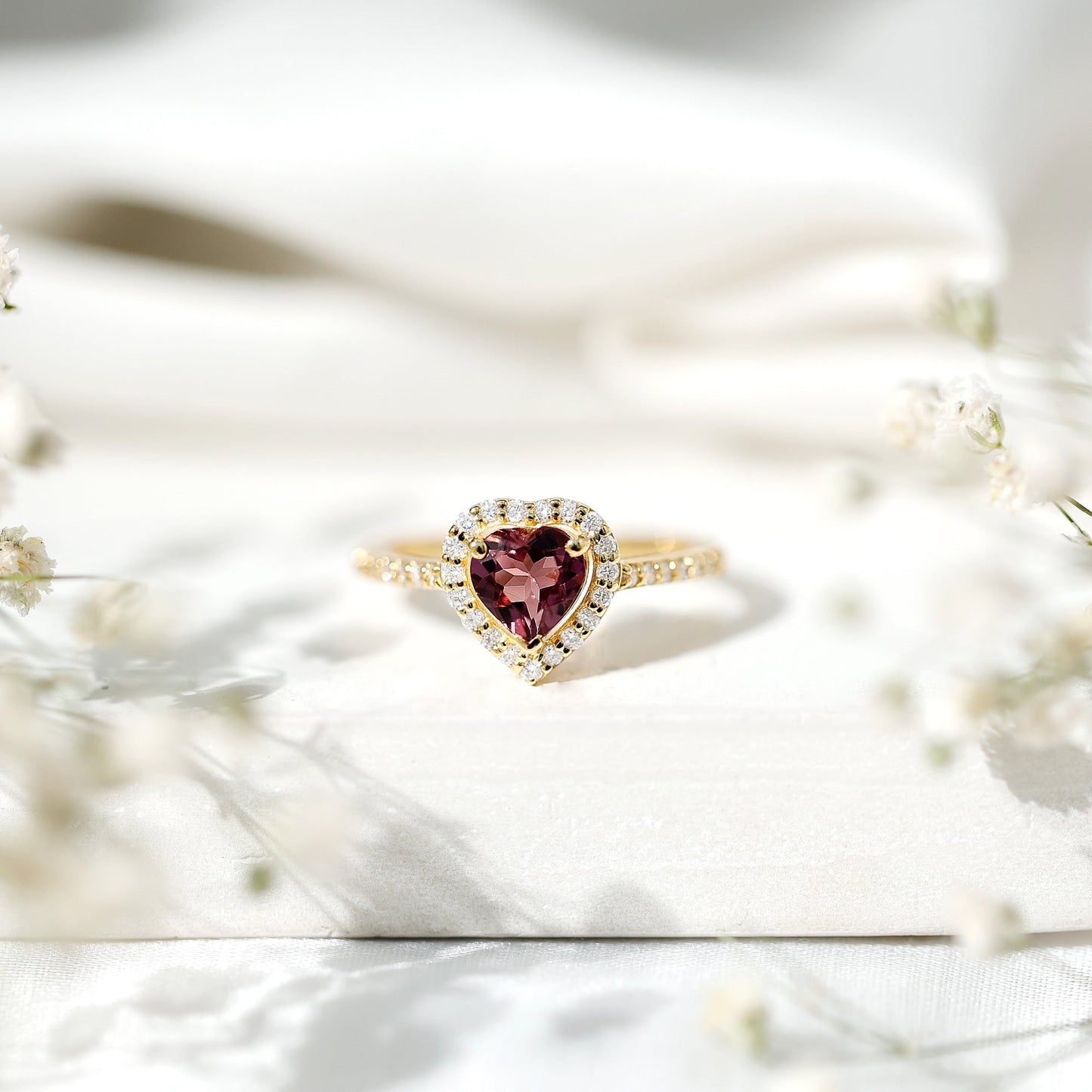Heart Shape Pink Tourmaline Engagement Ring with Diamond Halo