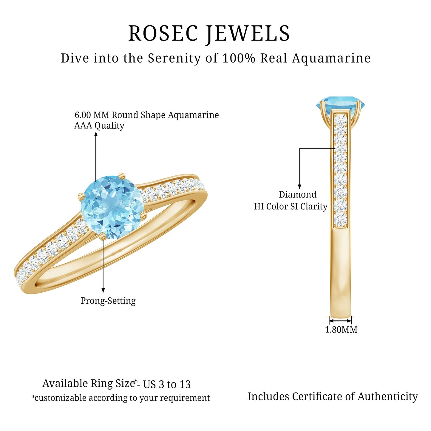 Certified Real Aquamarine Solitaire Ring with Diamond Side Stones
