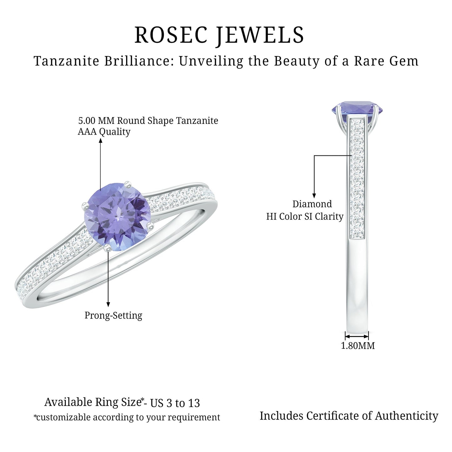 Natural Tanzanite Solitaire Engagement Ring with Diamond