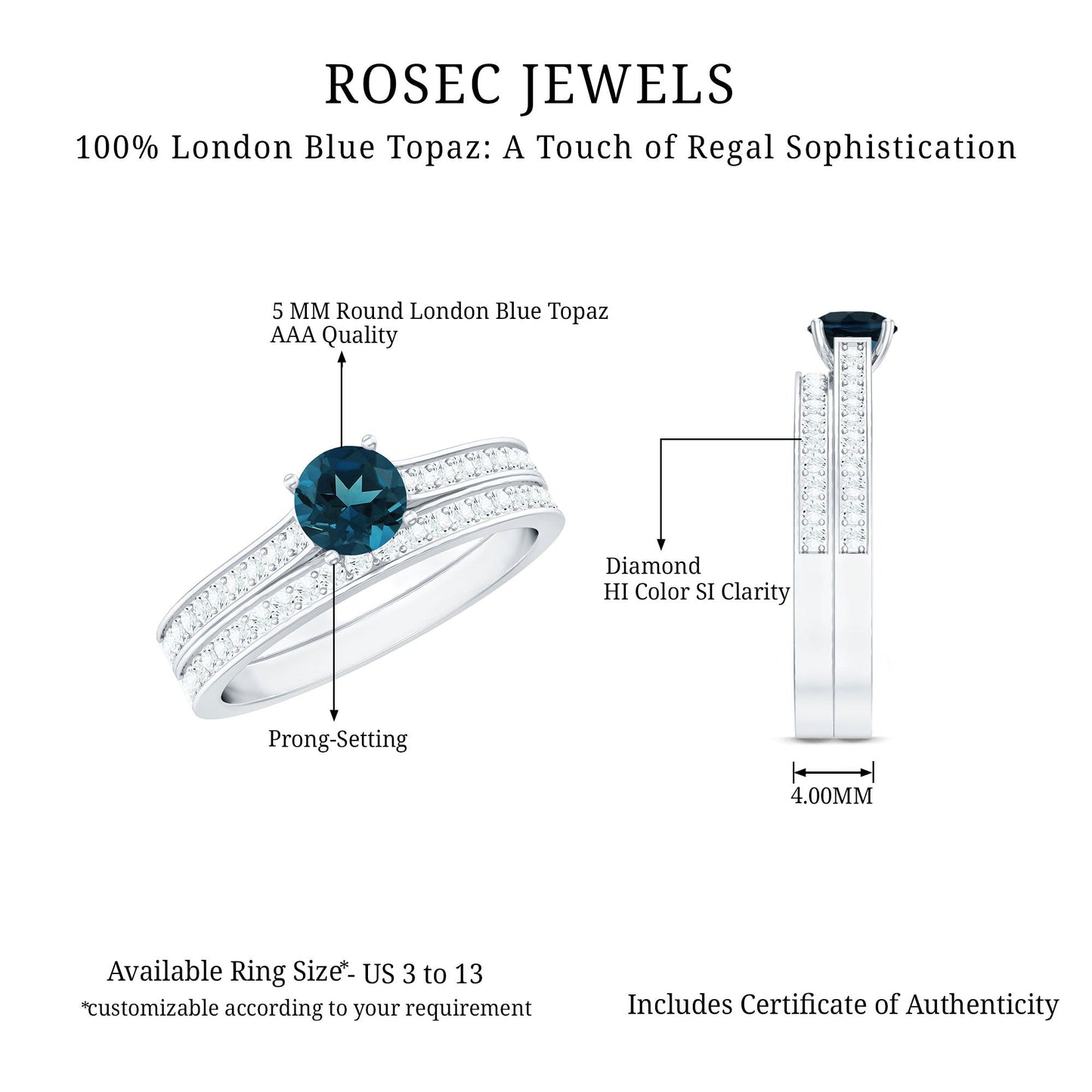 0.6 Carat London Blue Topaz Classic Engagement Ring with Diamond Wedding band