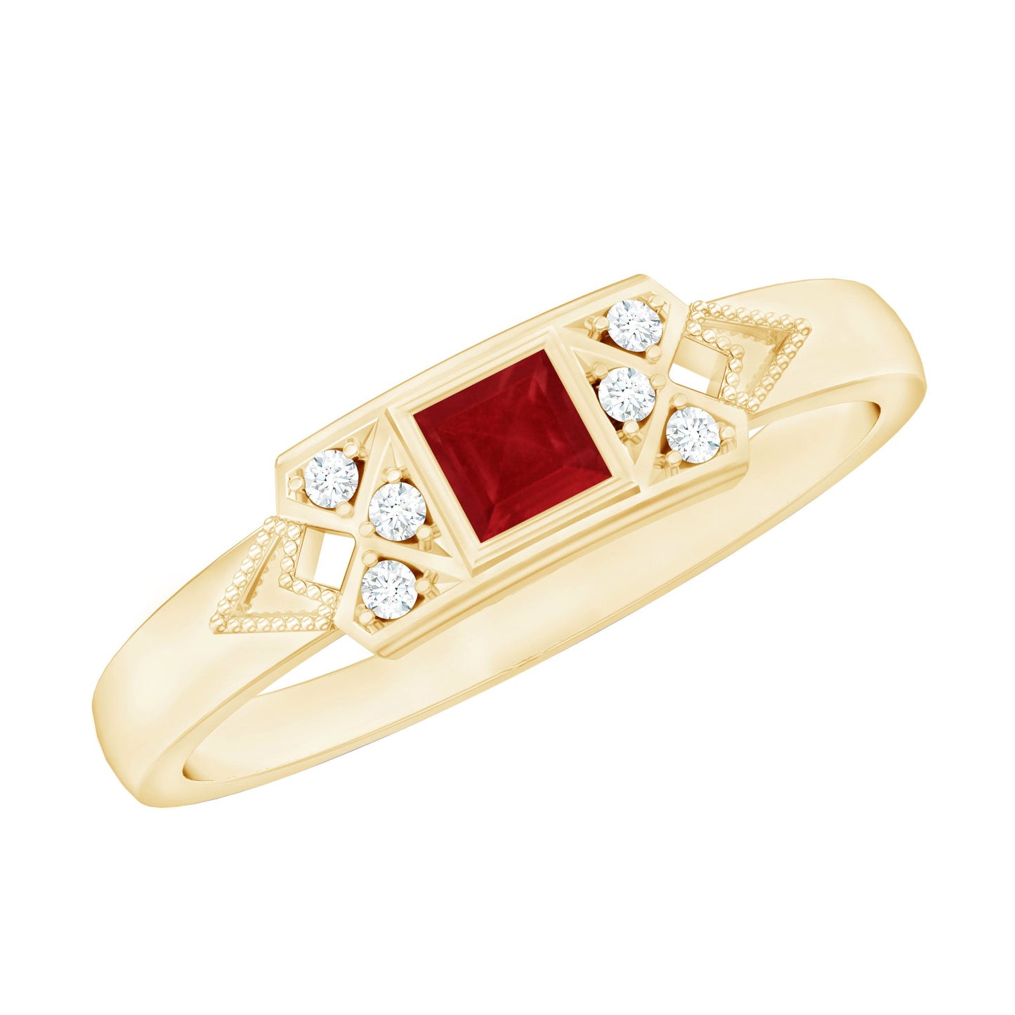 Art Deco Princess Cut Ruby Promise Ring with Diamond