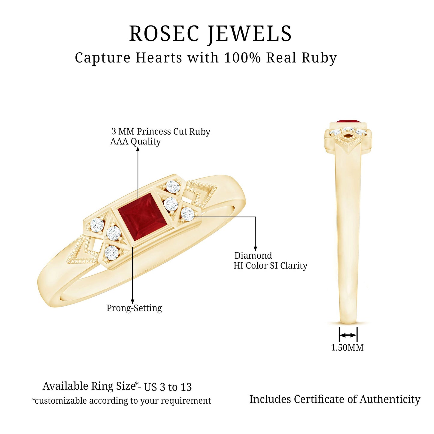 Art Deco Princess Cut Ruby Promise Ring with Diamond