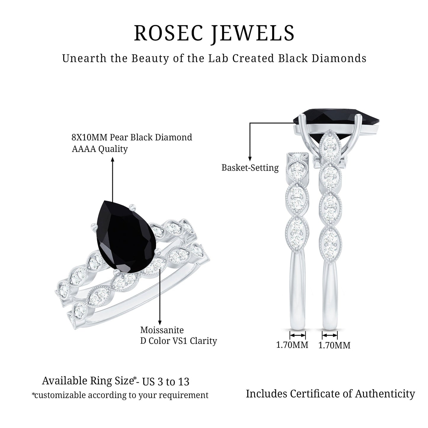 Certified 4.8 Carat Lab Grown Black Diamond Engagement Ring with Wedding Band