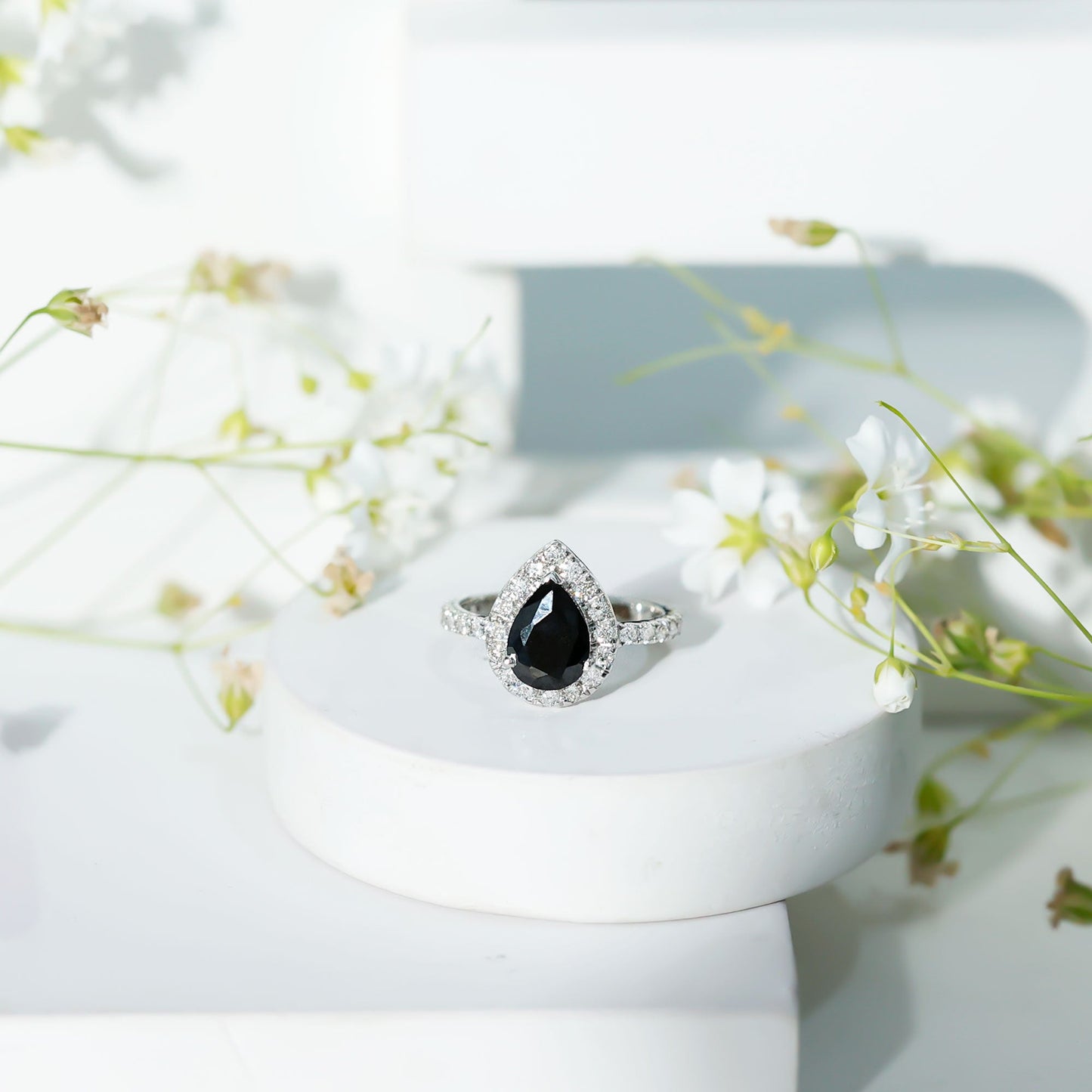 Certified 0.85 Carat Lab Grown Black Diamond Teardrop Engagement Ring with White Diamond