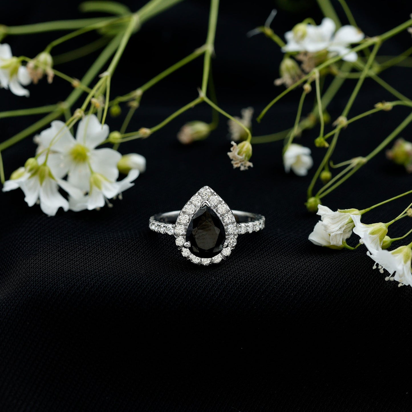 Certified 0.85 Carat Lab Grown Black Diamond Teardrop Engagement Ring with White Diamond