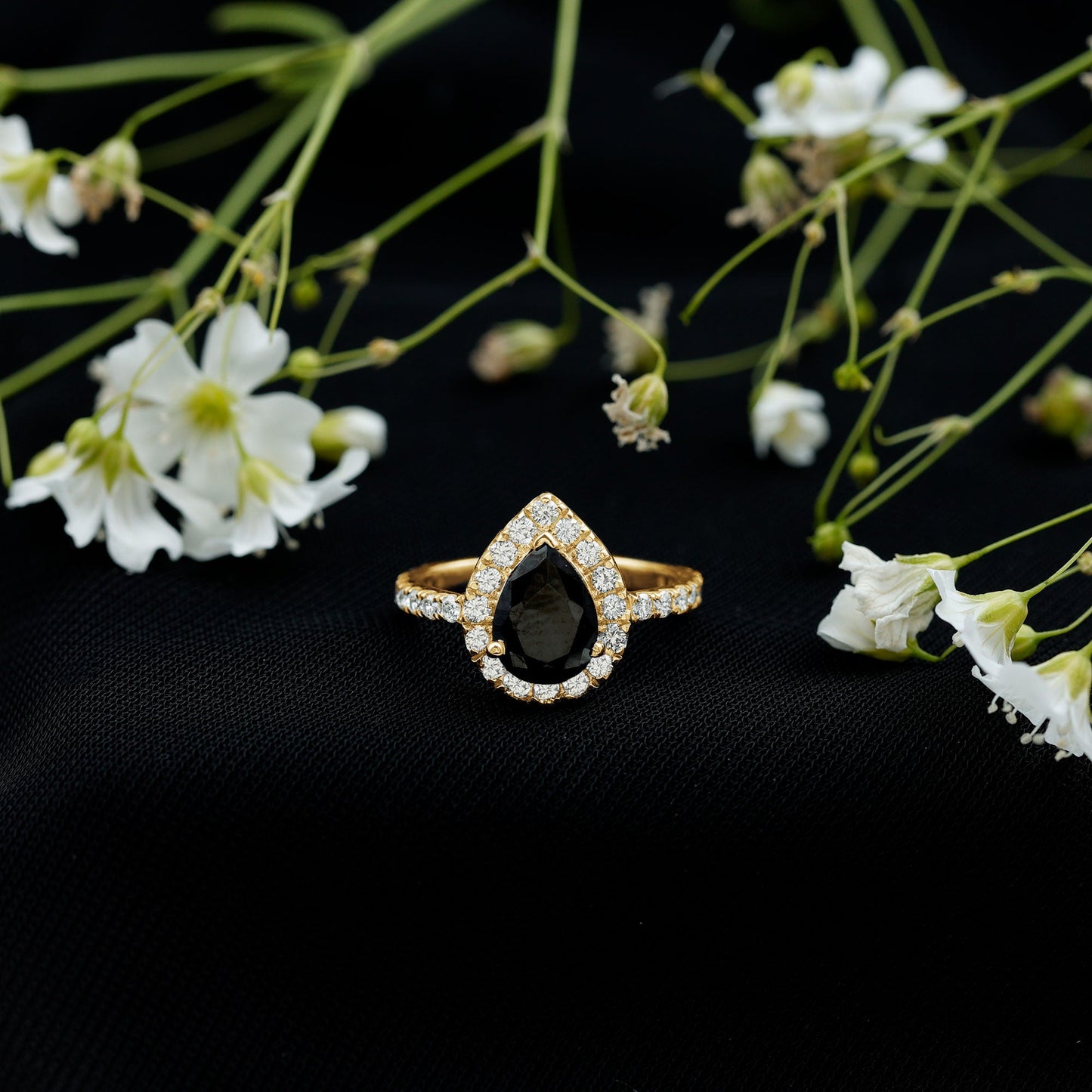 Certified 0.85 Carat Lab Grown Black Diamond Teardrop Engagement Ring with White Diamond