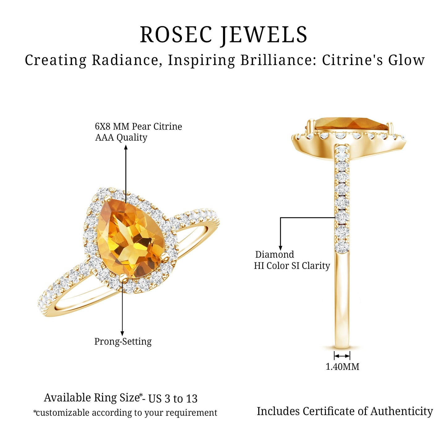 1 Carat Natural Pear Shape Citrine Engagement Ring with Diamond Halo