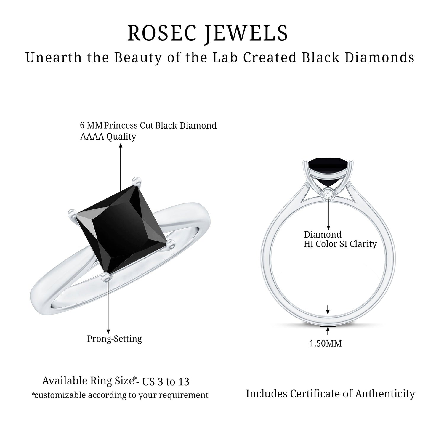 1 Carat Princess Cut Lab Grown Black Diamond Engagement Ring with Surprise White Diamond