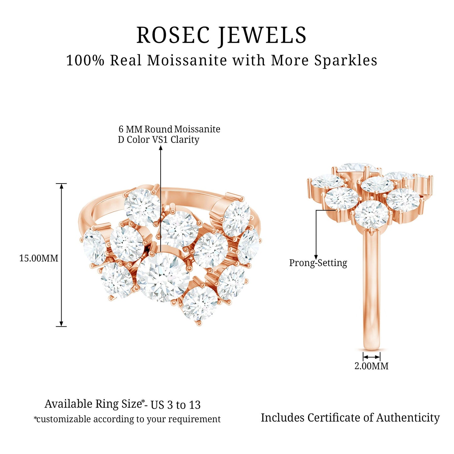 Certified Round Moissanite Cluster Engagement Ring for Women