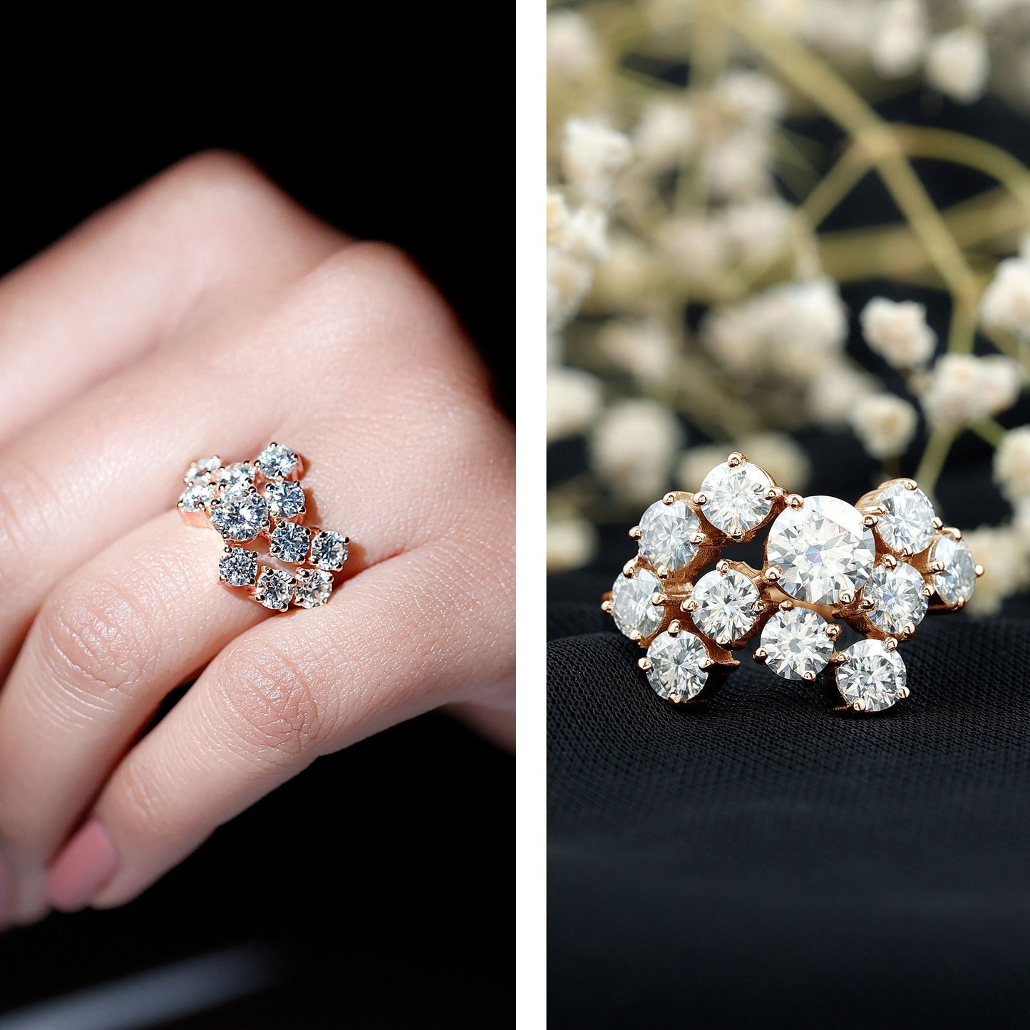 Certified Round Moissanite Cluster Engagement Ring for Women
