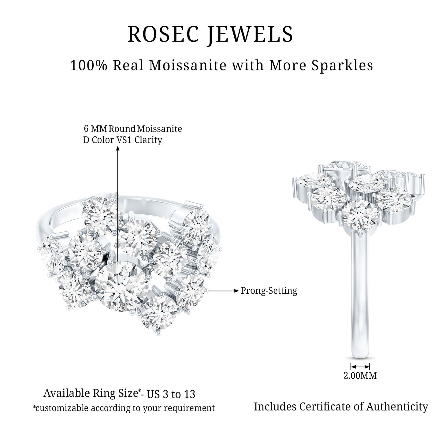 Certified Round Moissanite Cluster Engagement Ring for Women